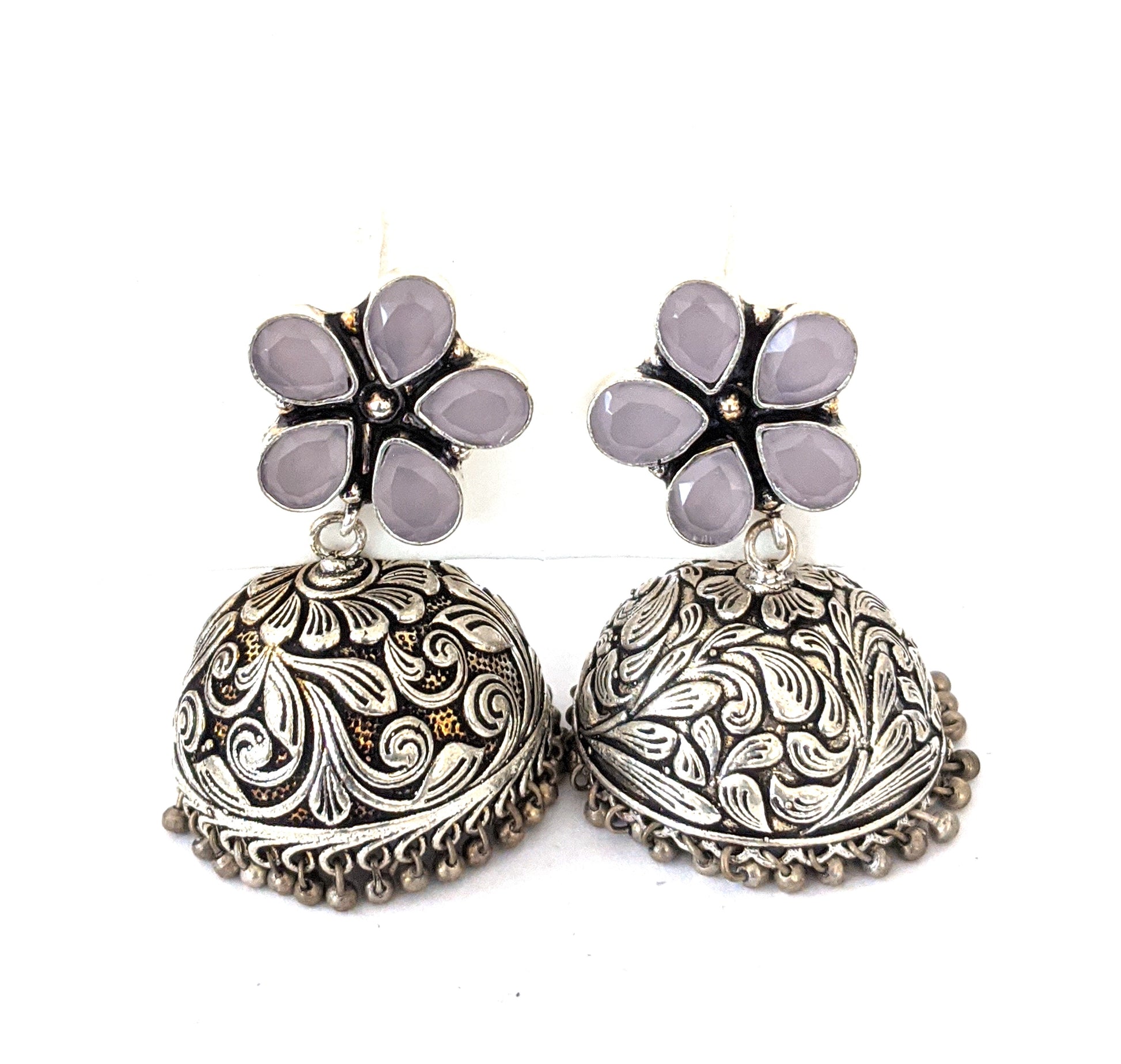 Flower stud CZ Oxidized Silver Large Jhumka Earrings - Simpliful