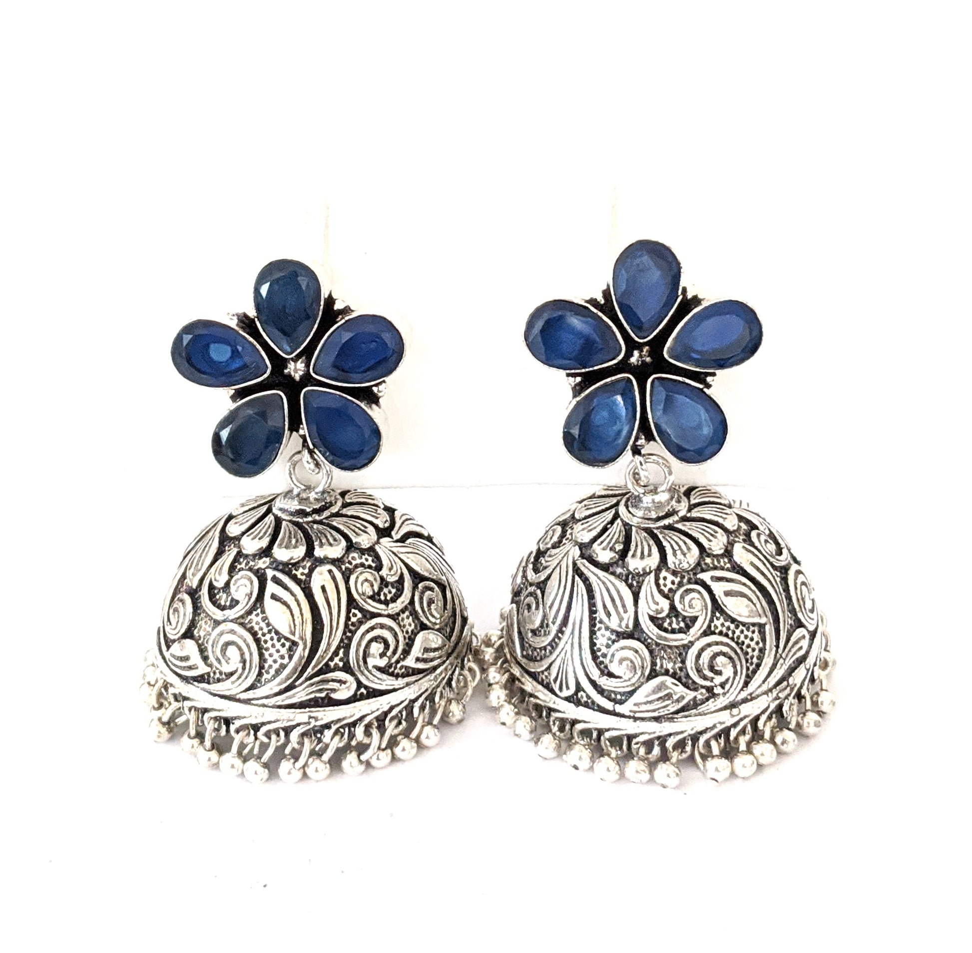Flower stud CZ Oxidized Silver Large Jhumka Earrings - Simpliful