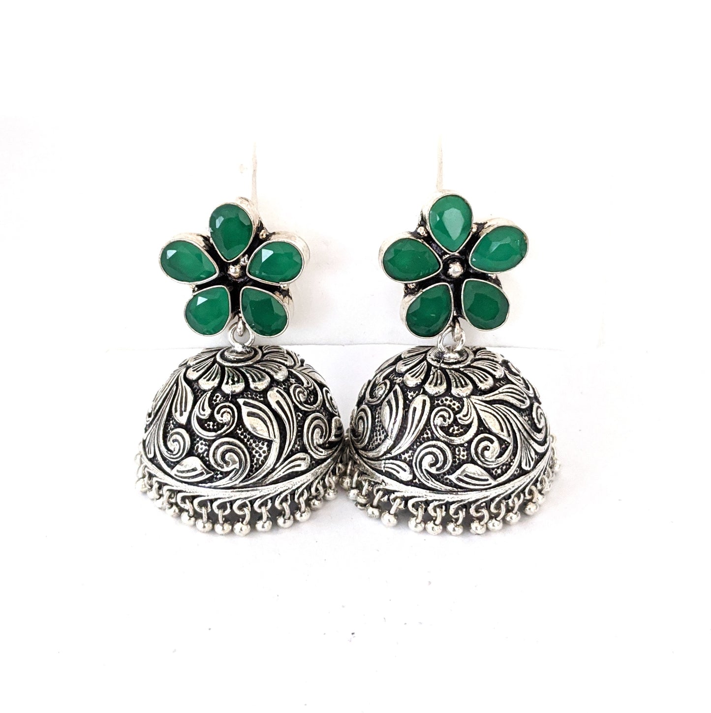 Flower stud CZ Oxidized Silver Large Jhumka Earrings