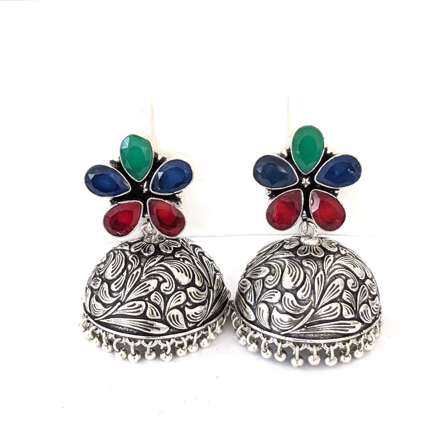 Flower stud CZ Oxidized Silver Large Jhumka Earrings