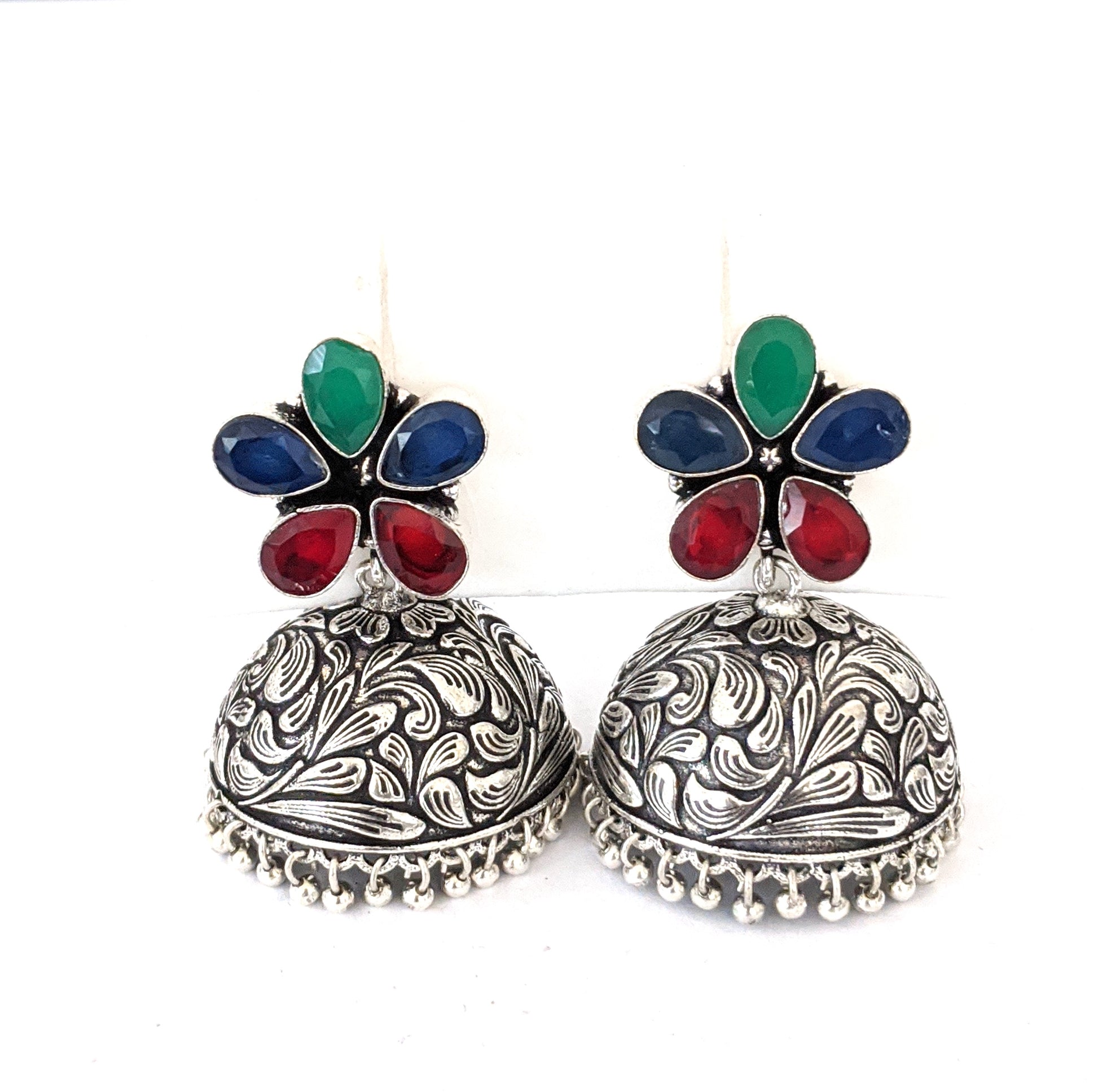 Flower stud CZ Oxidized Silver Large Jhumka Earrings - Simpliful