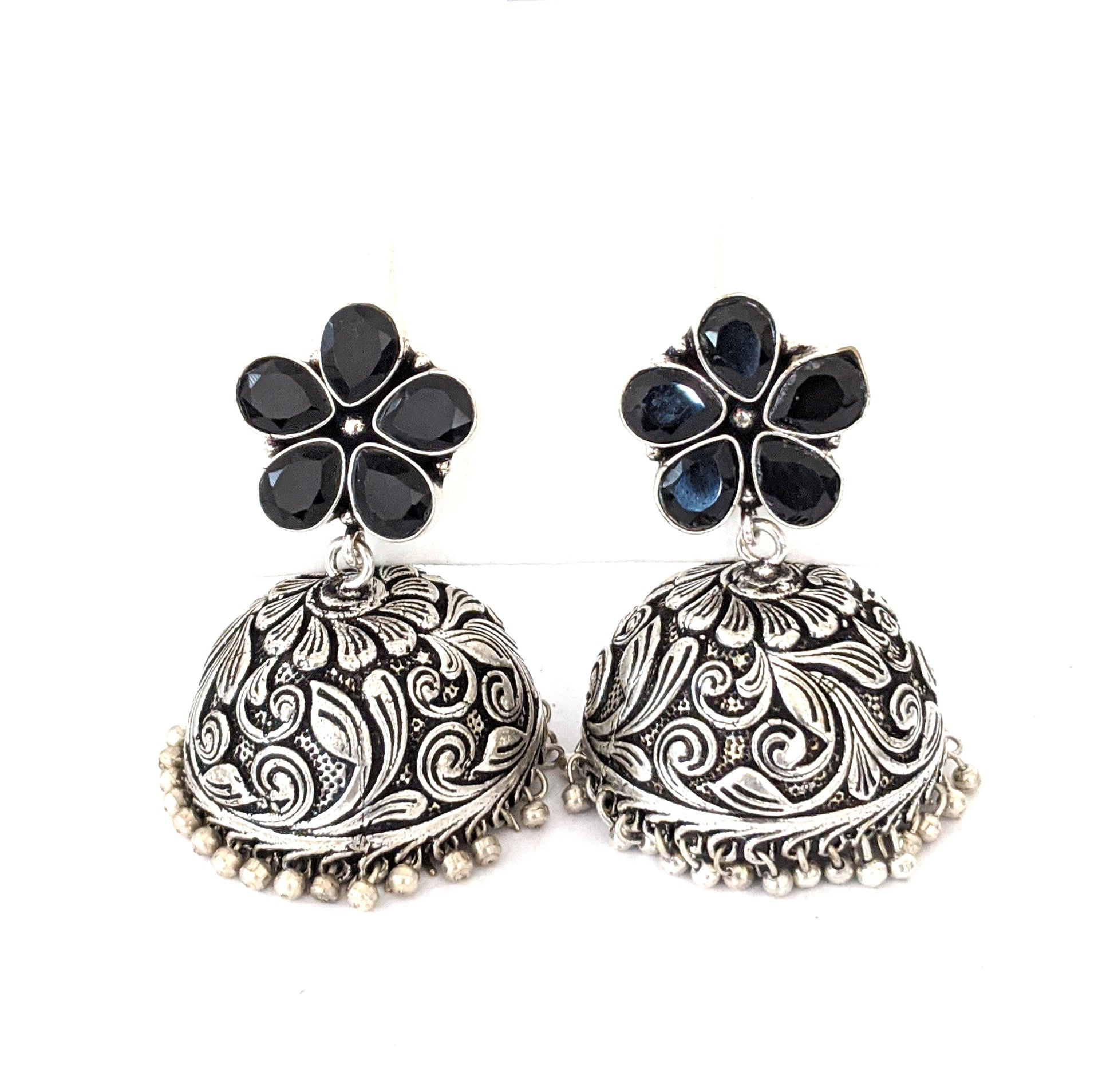 Flower stud CZ Oxidized Silver Large Jhumka Earrings - Simpliful