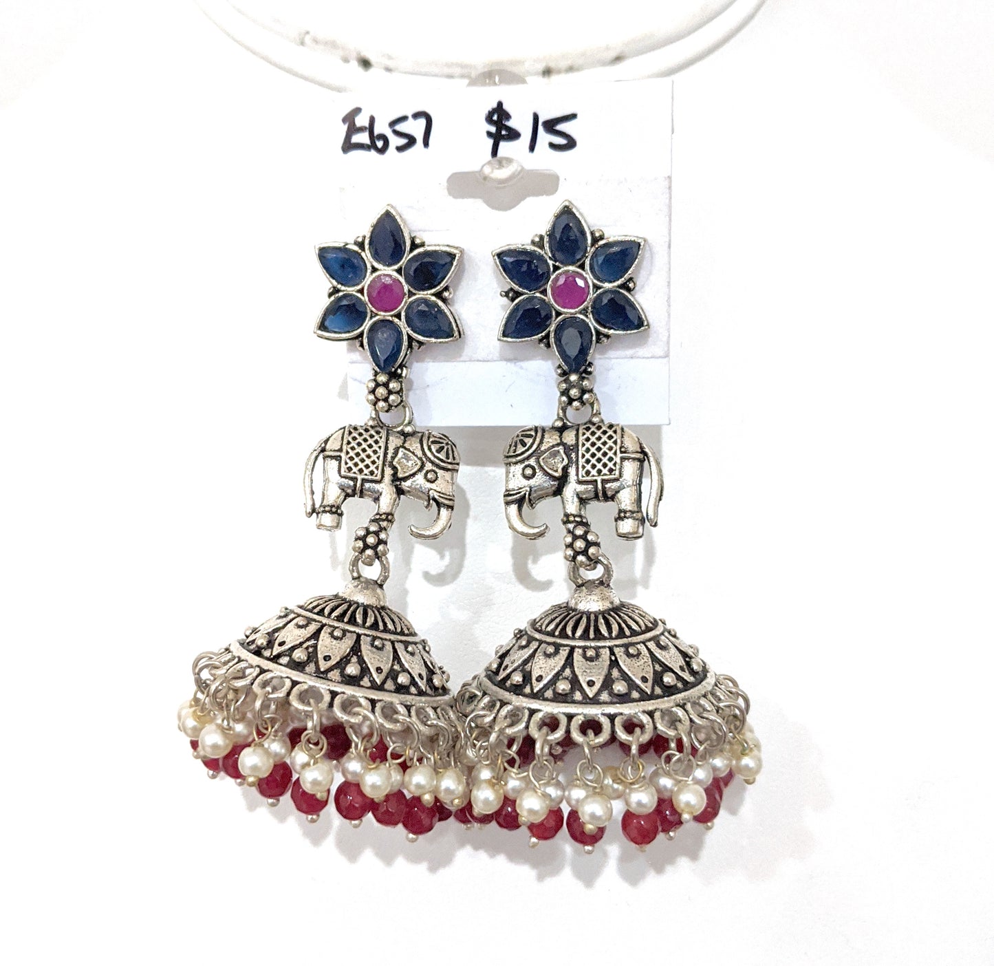 Oxidized Flower stud with Elephant connector Large Jhumka Earring - Simpliful