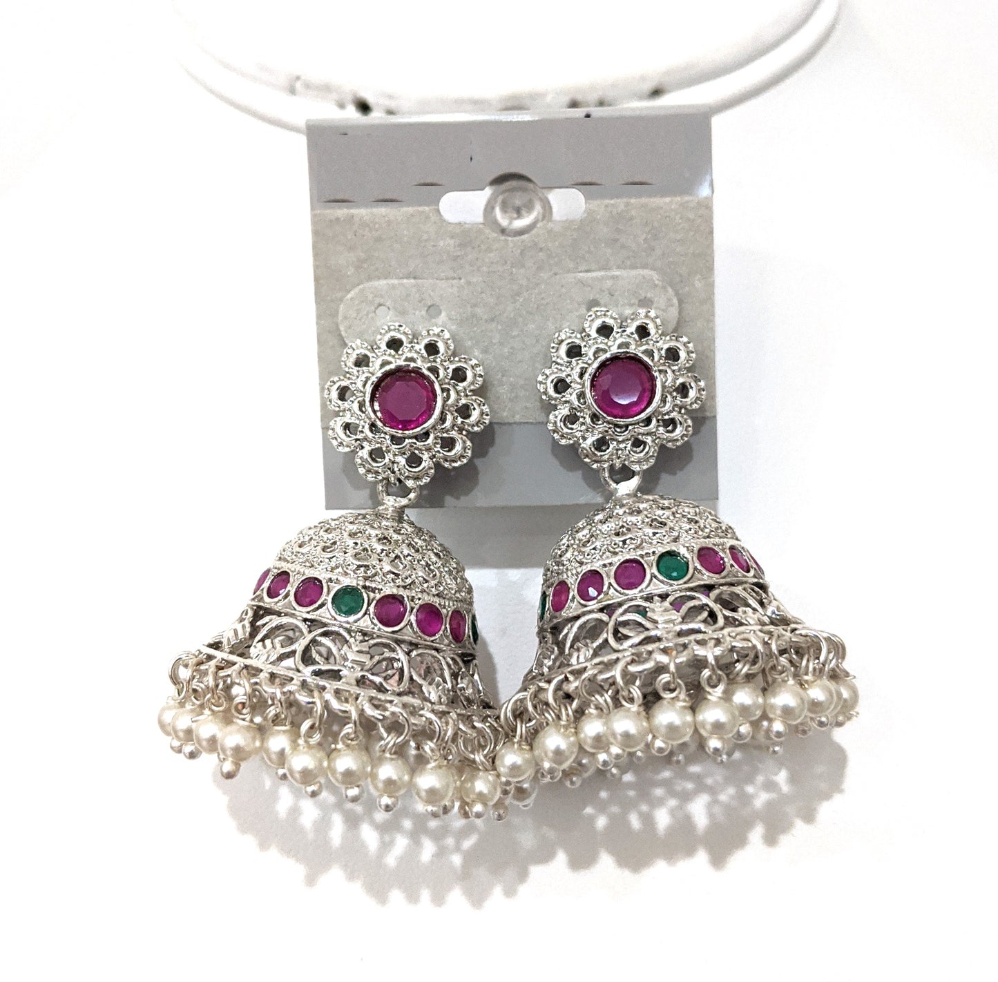 Bright silver rhodium CZ stone jhumka earrings