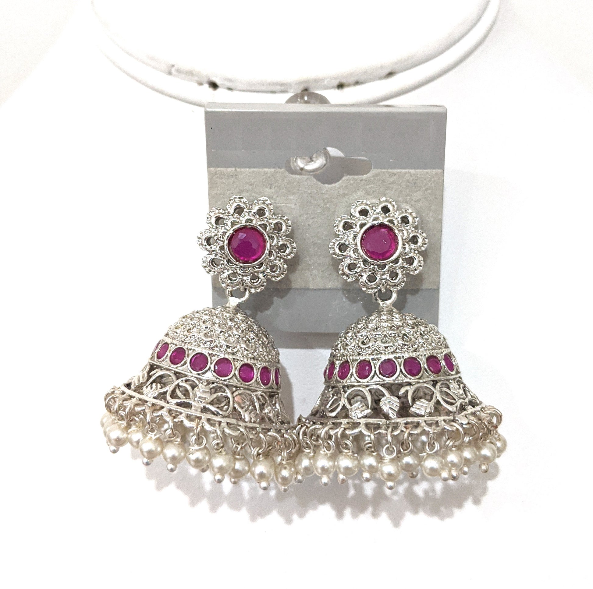 Bright silver rhodium CZ stone jhumka earrings - Simpliful