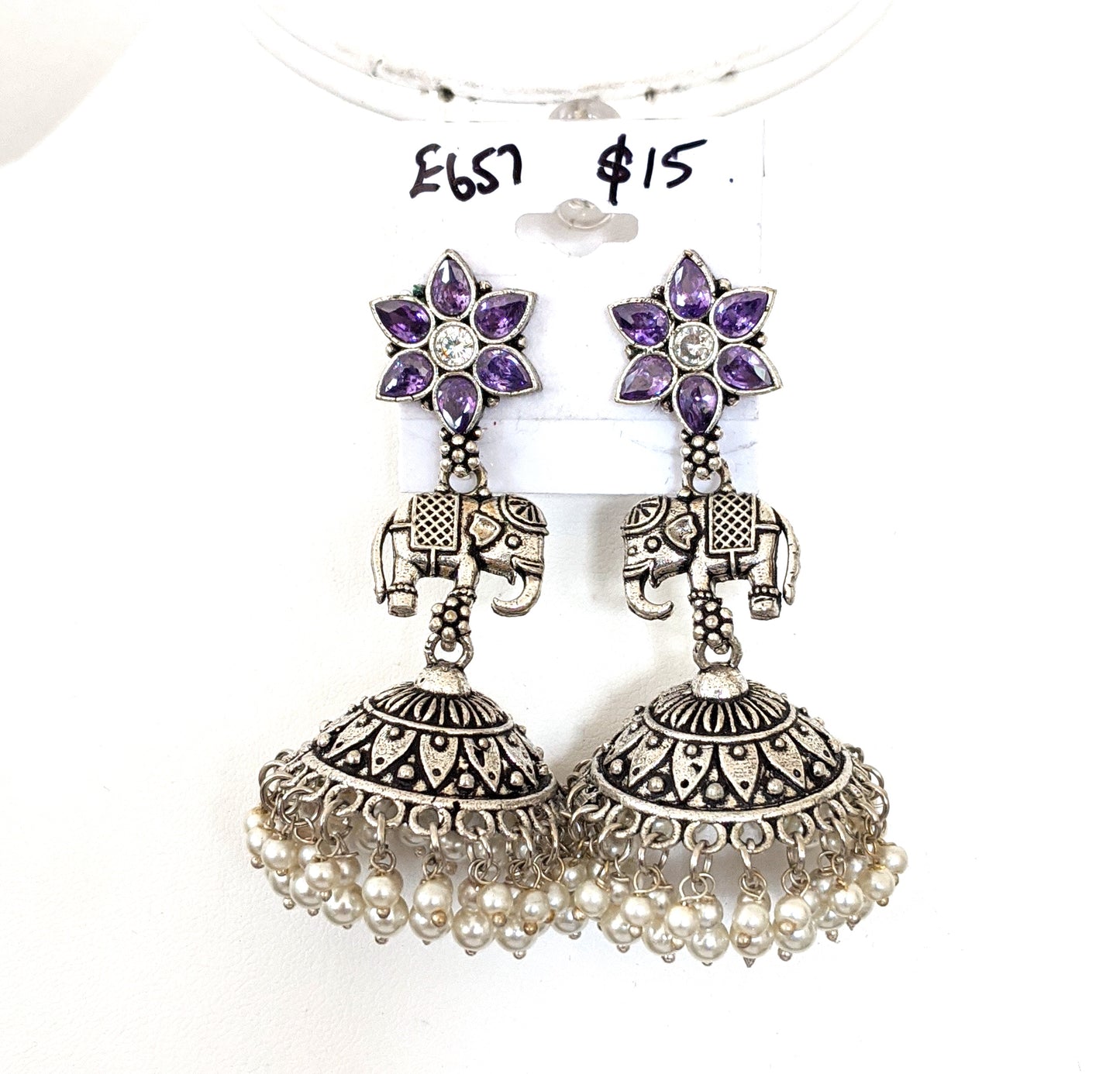 Oxidized Flower stud with Elephant connector Large Jhumka Earring - Simpliful