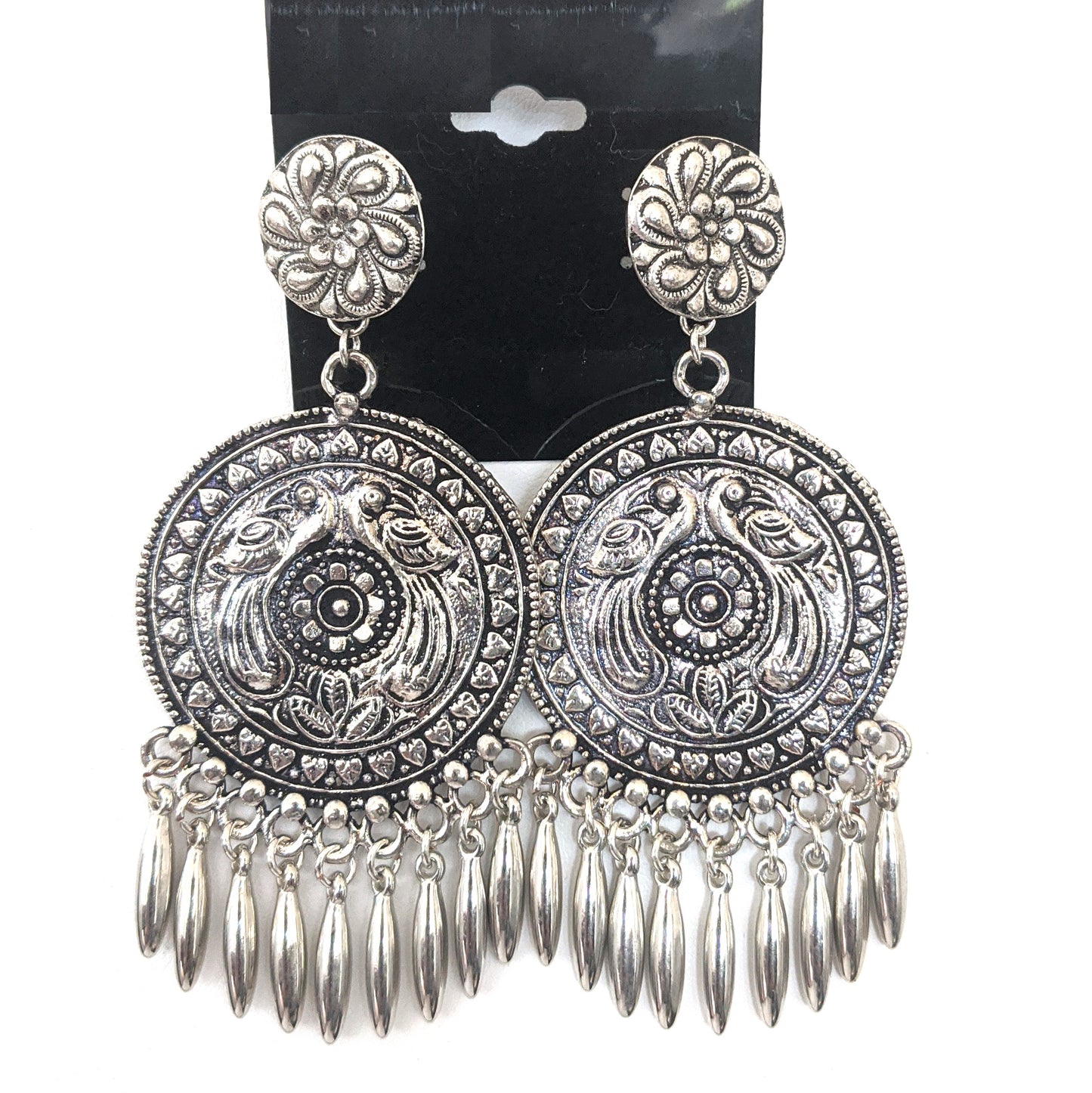 Dual peacock design XL size round chandelier spike bead silver earring - Simpliful