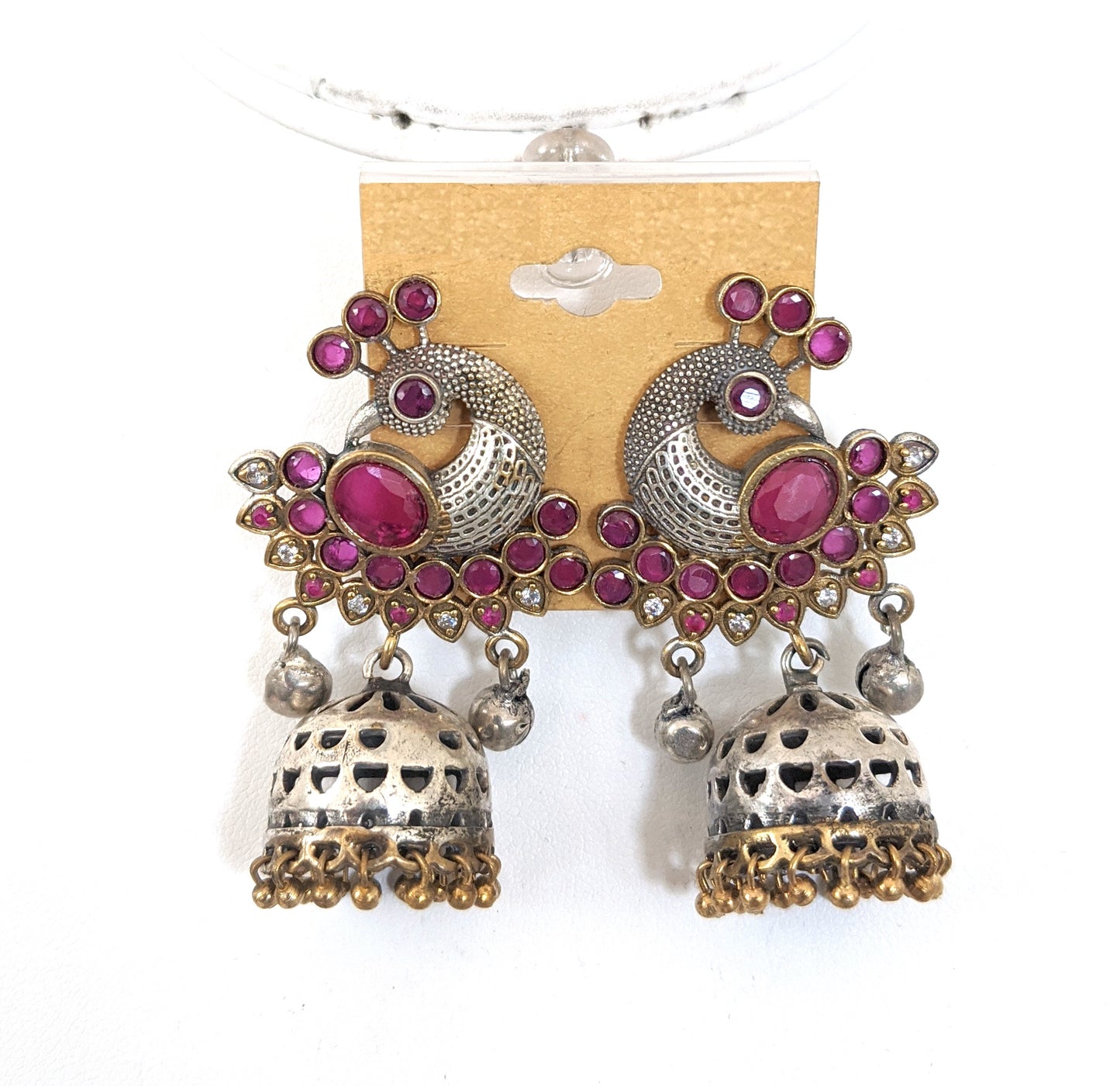 Oxidized Dual Tone Peacock stud jhumka with CZ stone - Simpliful