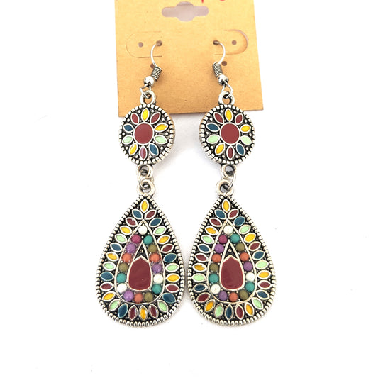Enamel work with colorful bead silver hook drop earring - Simpliful