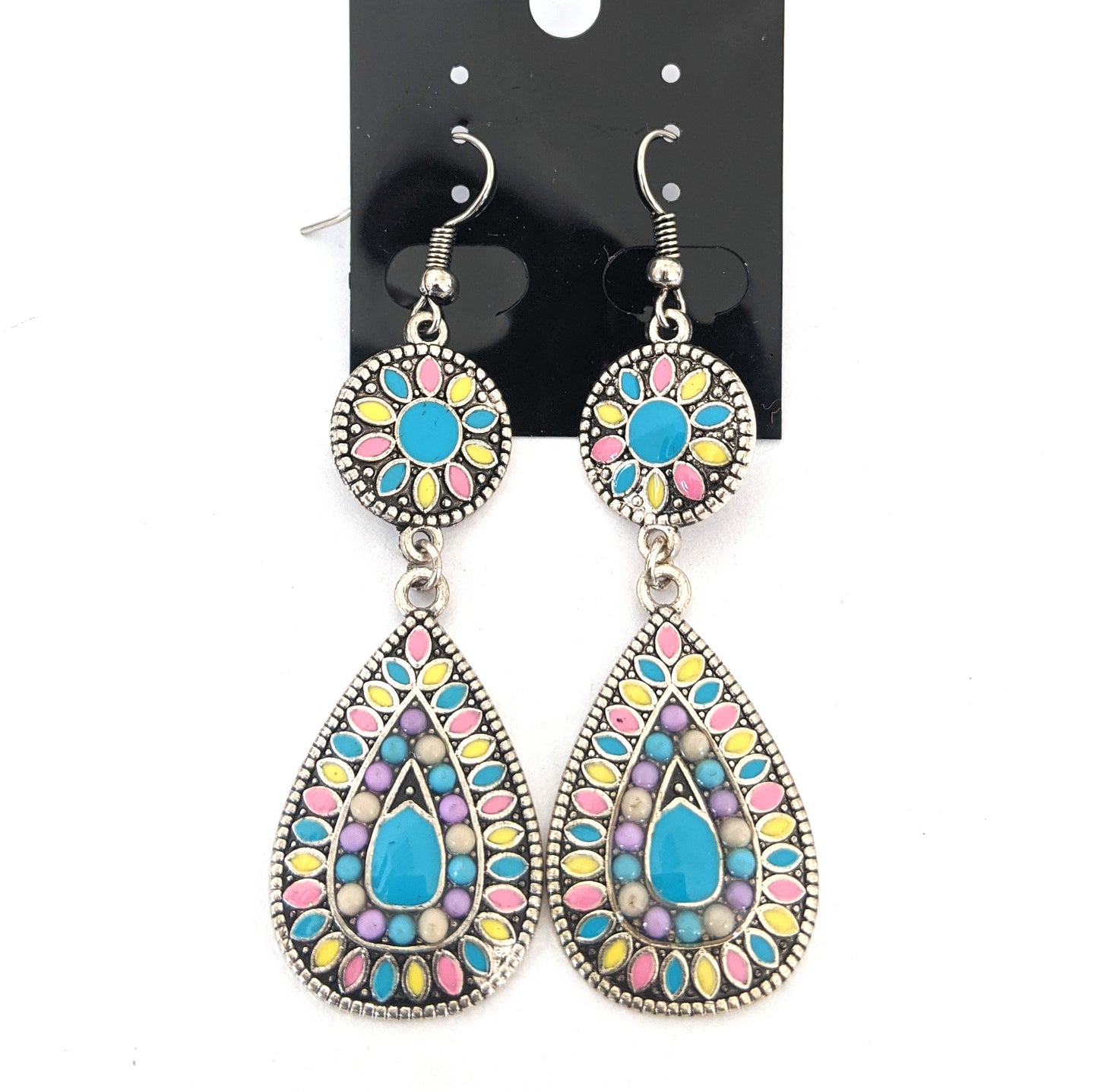 Enamel work with colorful bead silver hook drop earring - Simpliful