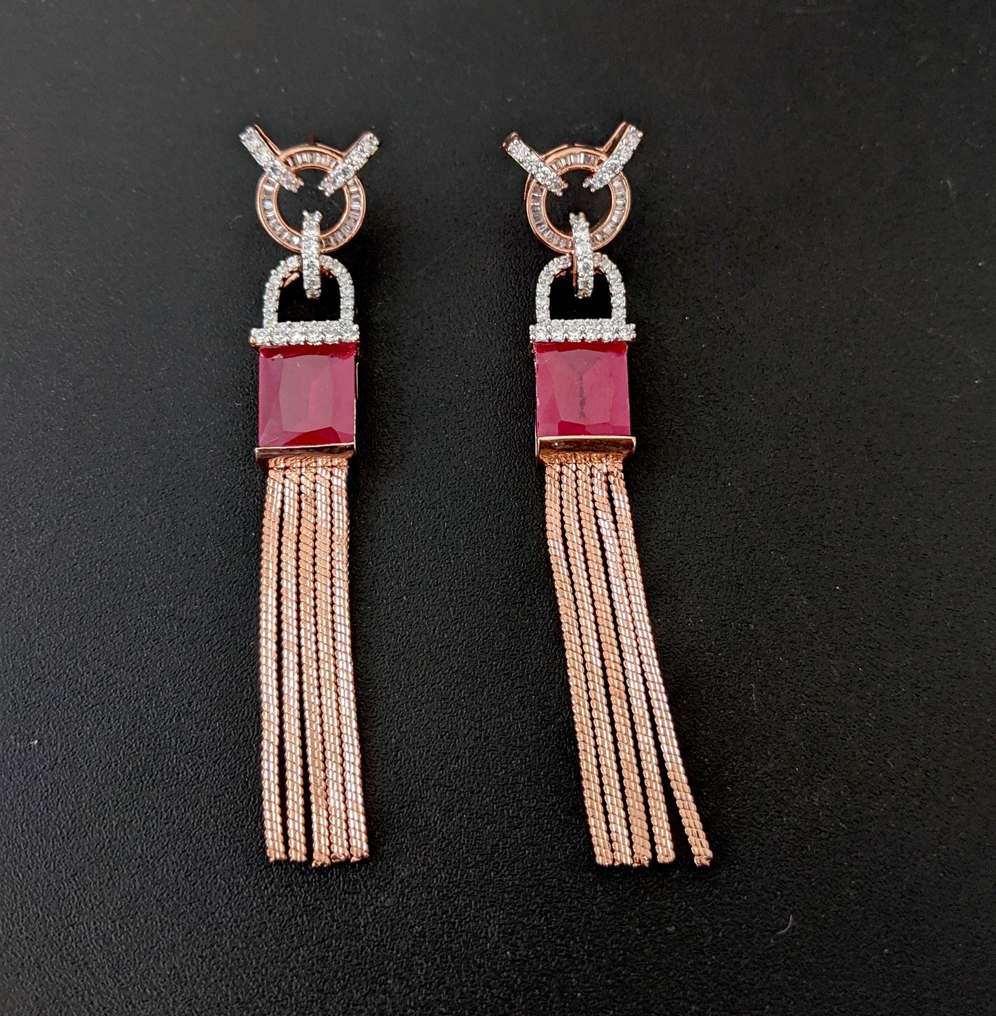Rose gold plated Long tassel style CZ earrings - Simpliful