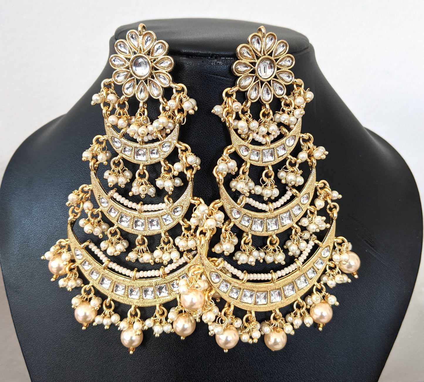 Kundan like white stone embedded multi arc long Earring - Simpliful