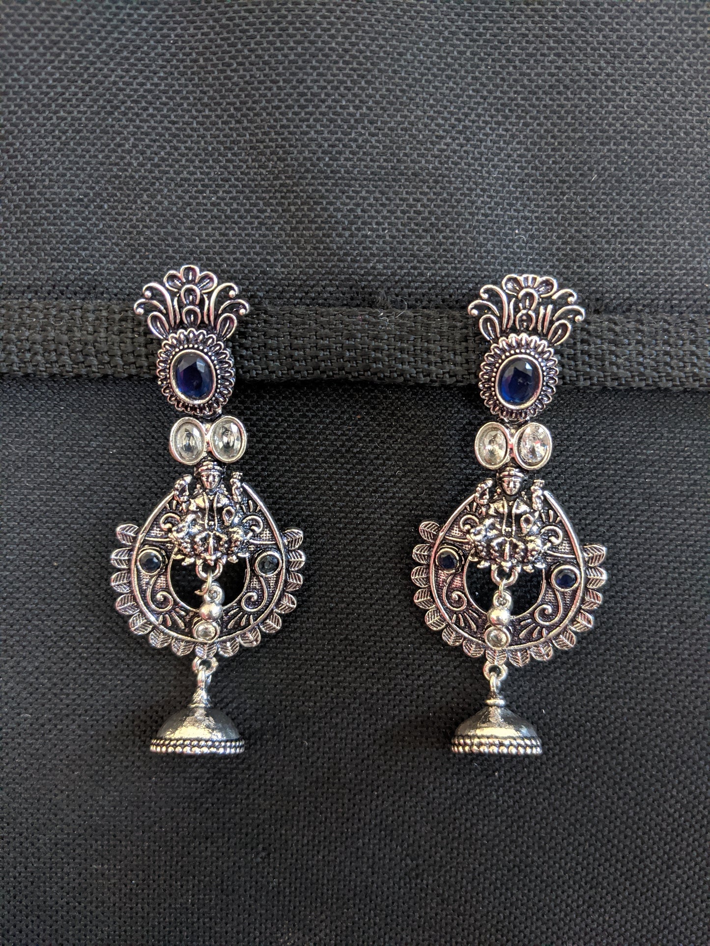 Goddess Lakshmi Black metal / Silver plating CZ stone Earrings