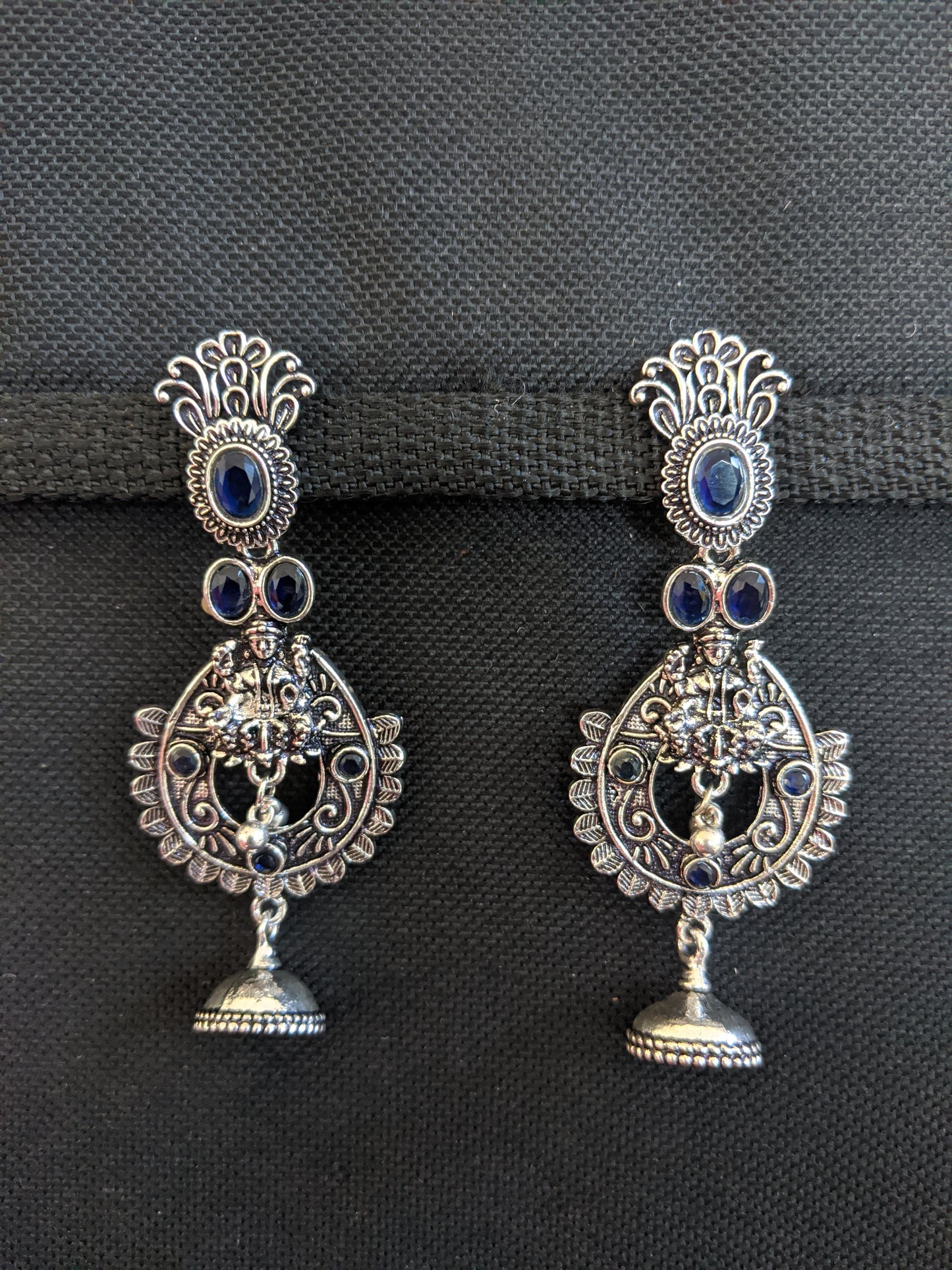 Goddess Lakshmi Black metal / Silver plating CZ stone Earrings
