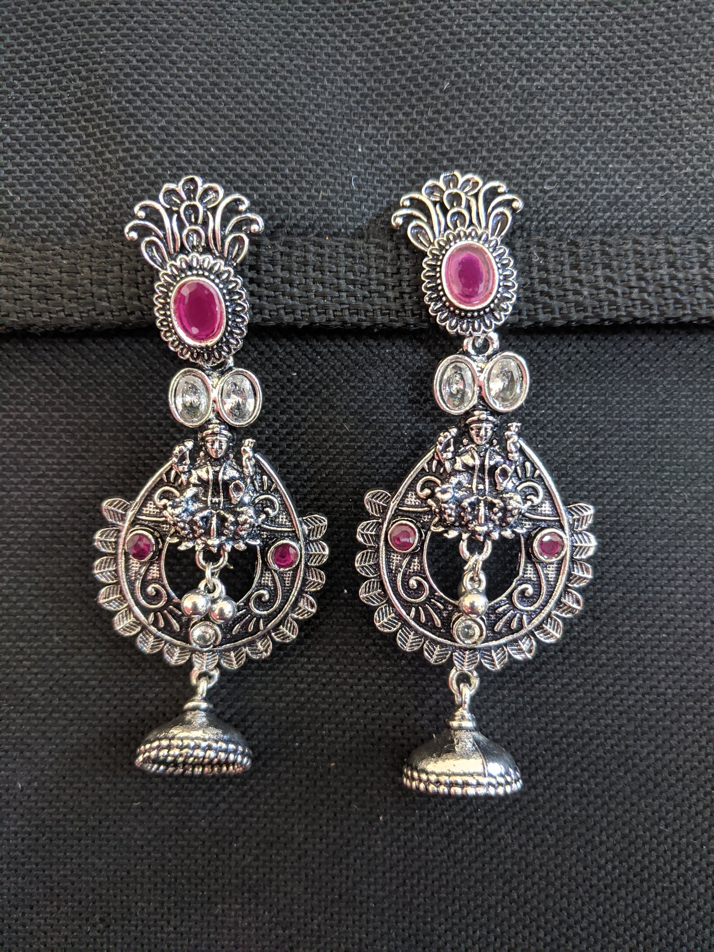 Goddess Lakshmi Black metal / Silver plating CZ stone Earrings