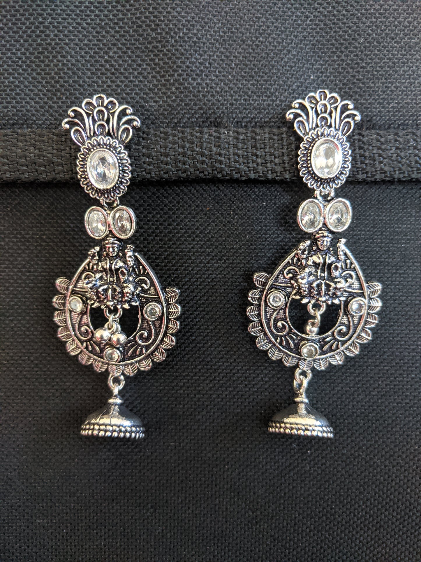 Goddess Lakshmi Black metal / Silver plating CZ stone Earrings