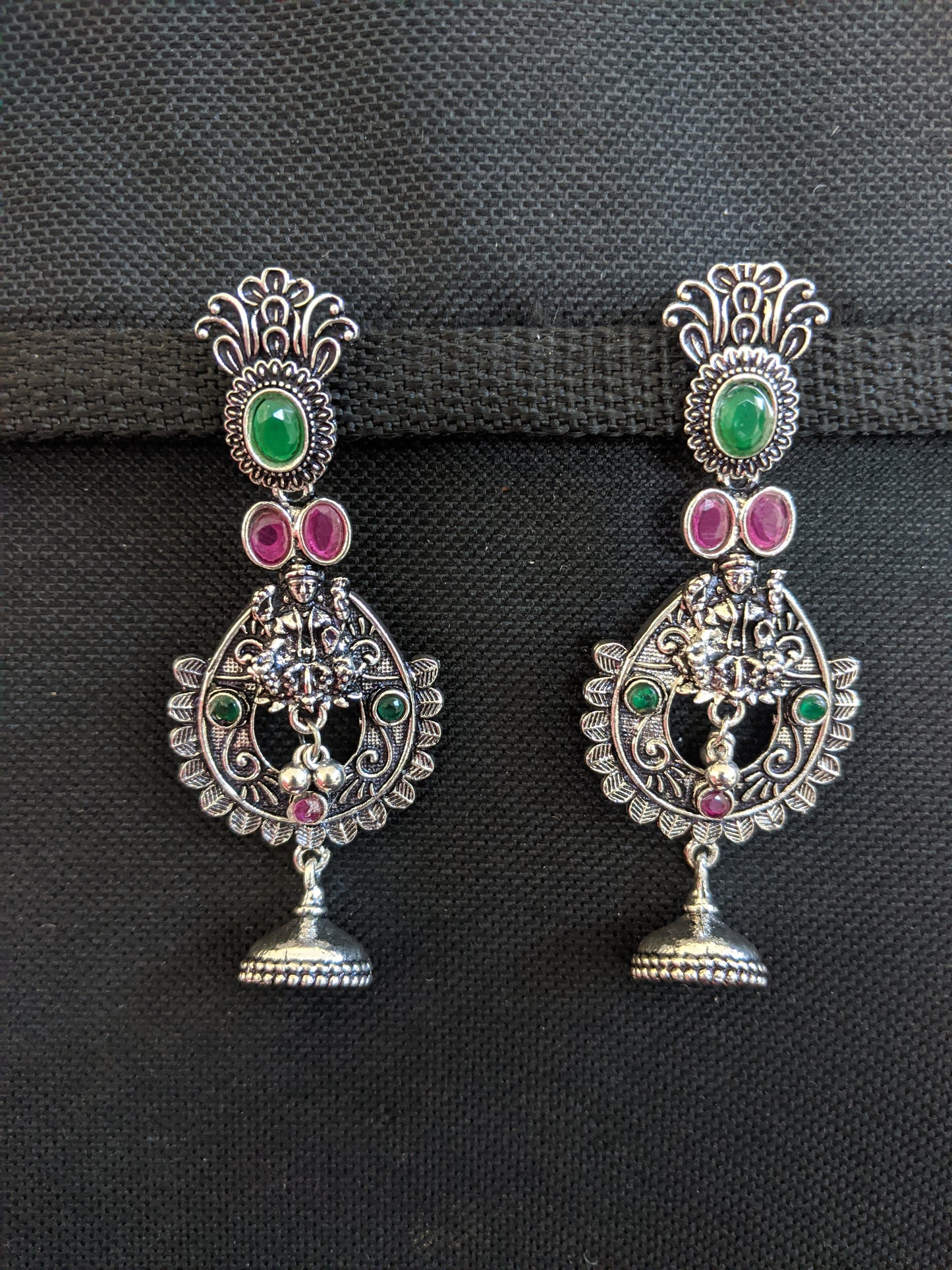 Goddess Lakshmi Black metal / Silver plating CZ stone Earrings