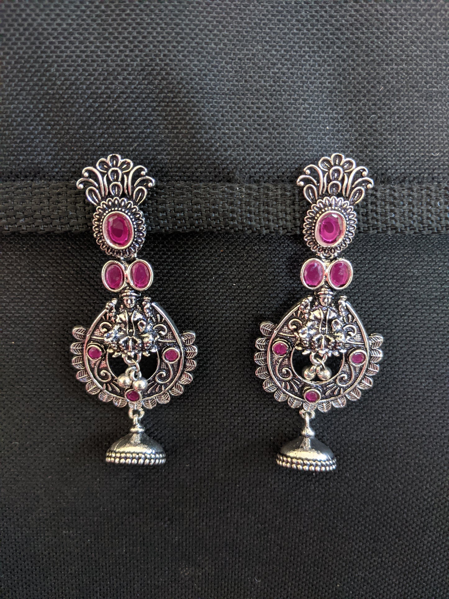 Goddess Lakshmi Black metal / Silver plating CZ stone Earrings