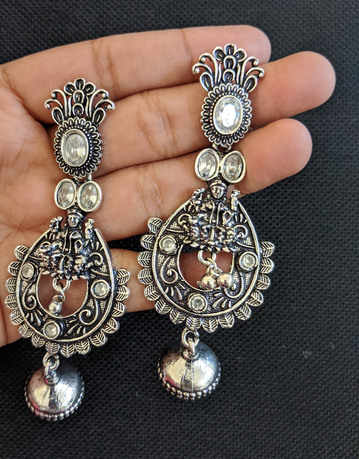 Goddess Lakshmi Black metal / Silver plating CZ stone Earrings