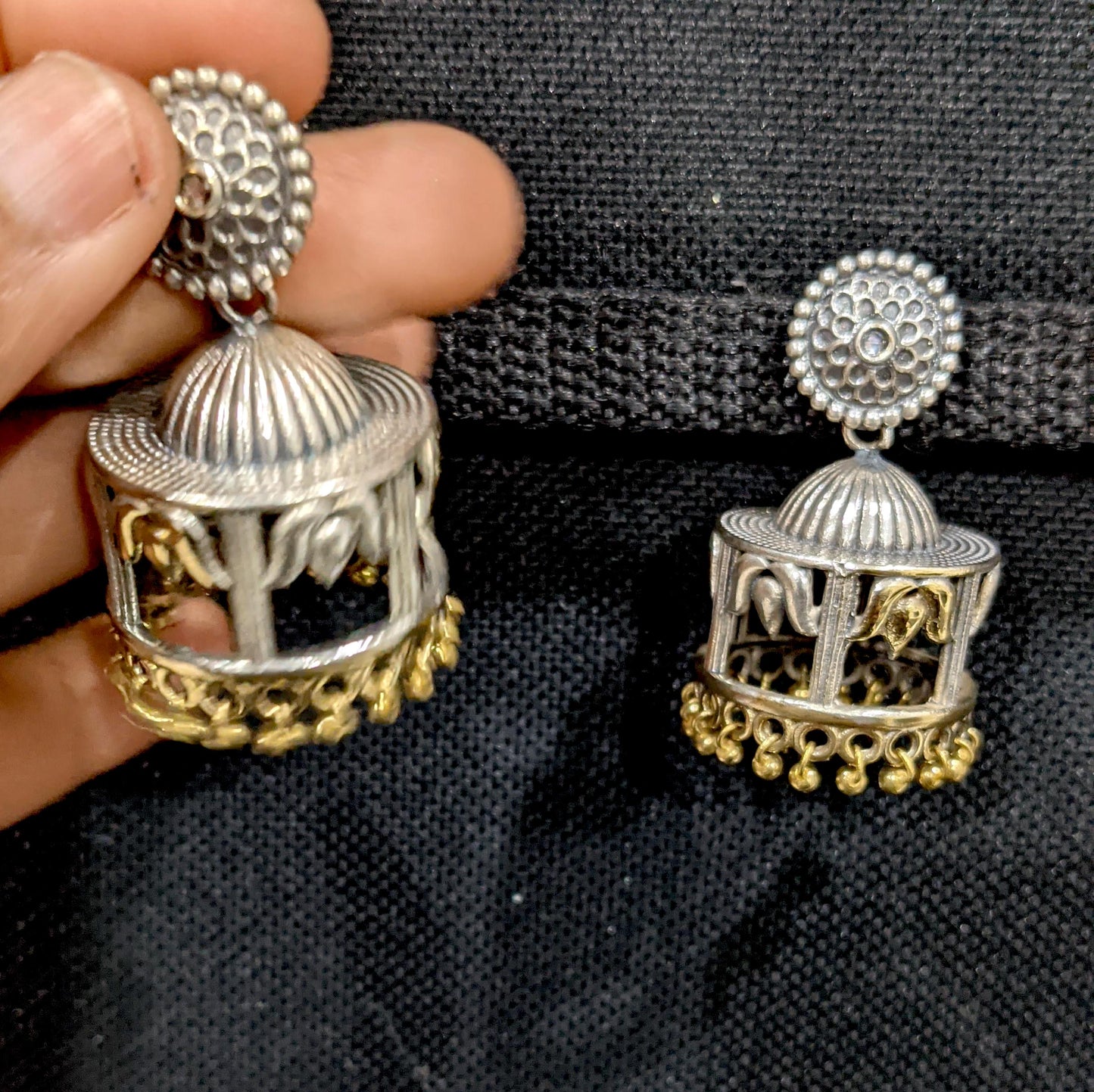 Oxidized silver Dual Tone Dome Jhumka Earrings