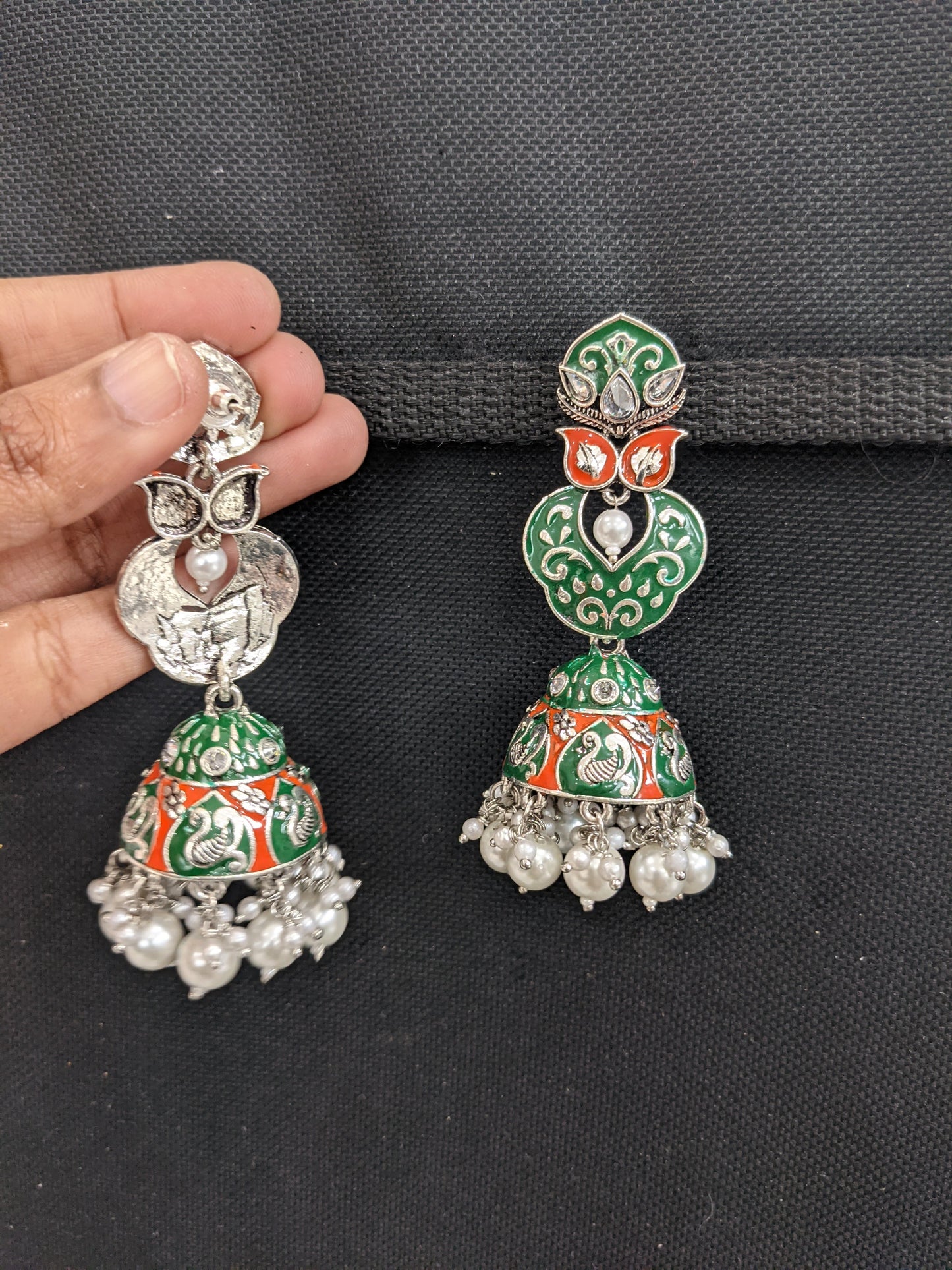 Enamel work Oxidized Silver Peacock Jhumka Earrings