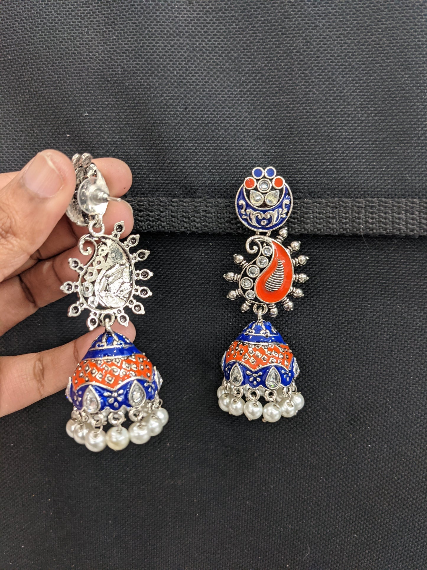 Enamel work Oxidized Silver Mango Jhumka Earrings