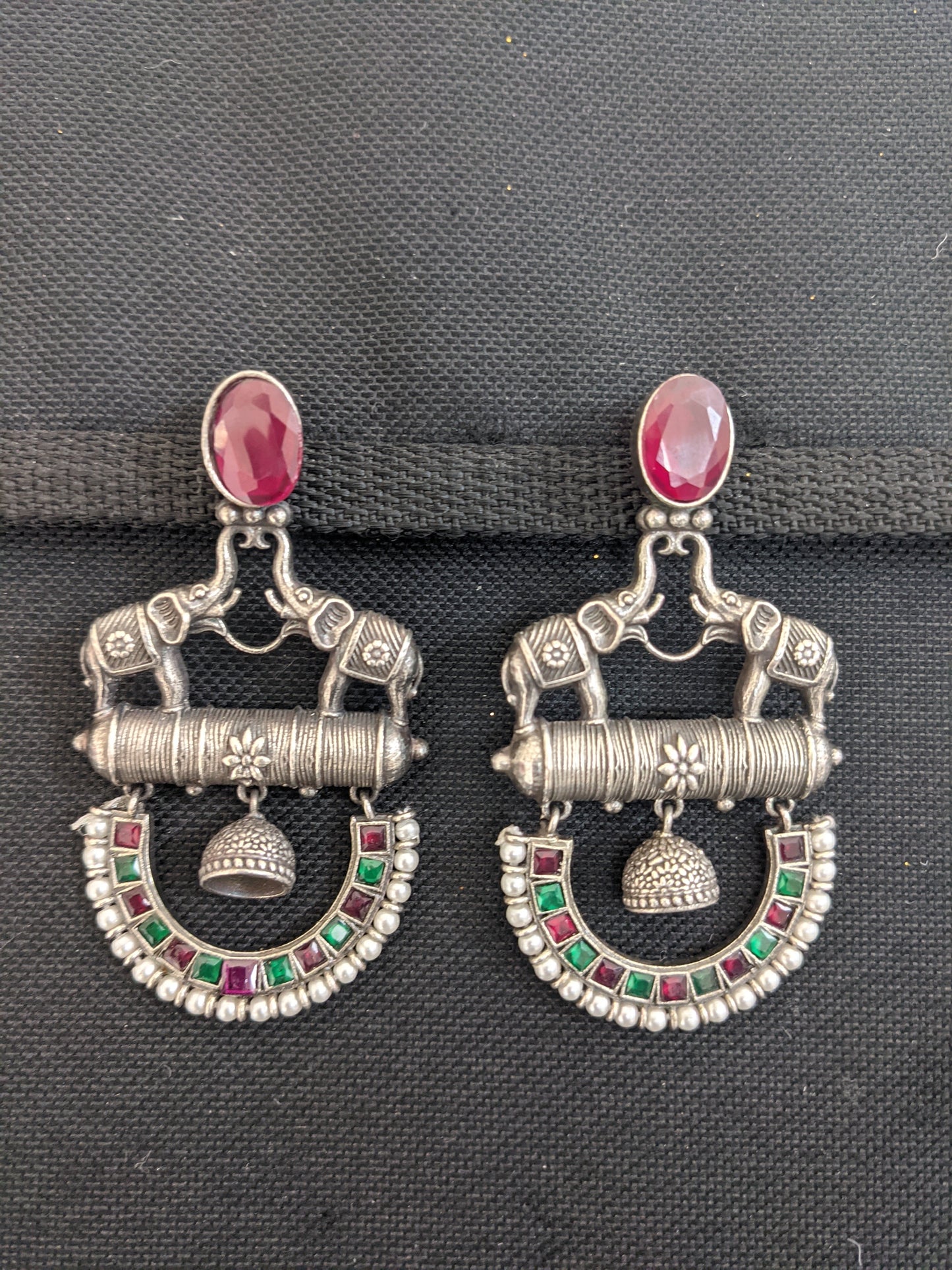 Silver look alike oxidized dual elephant trendy earrings