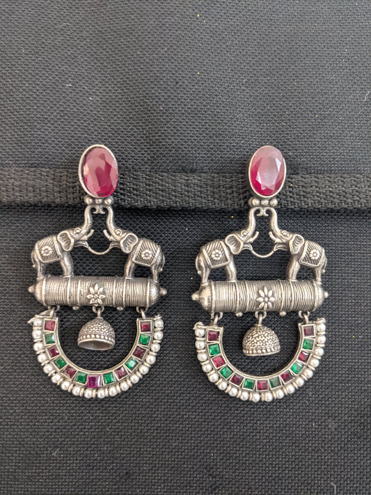 Silver look alike oxidized dual elephant trendy earrings