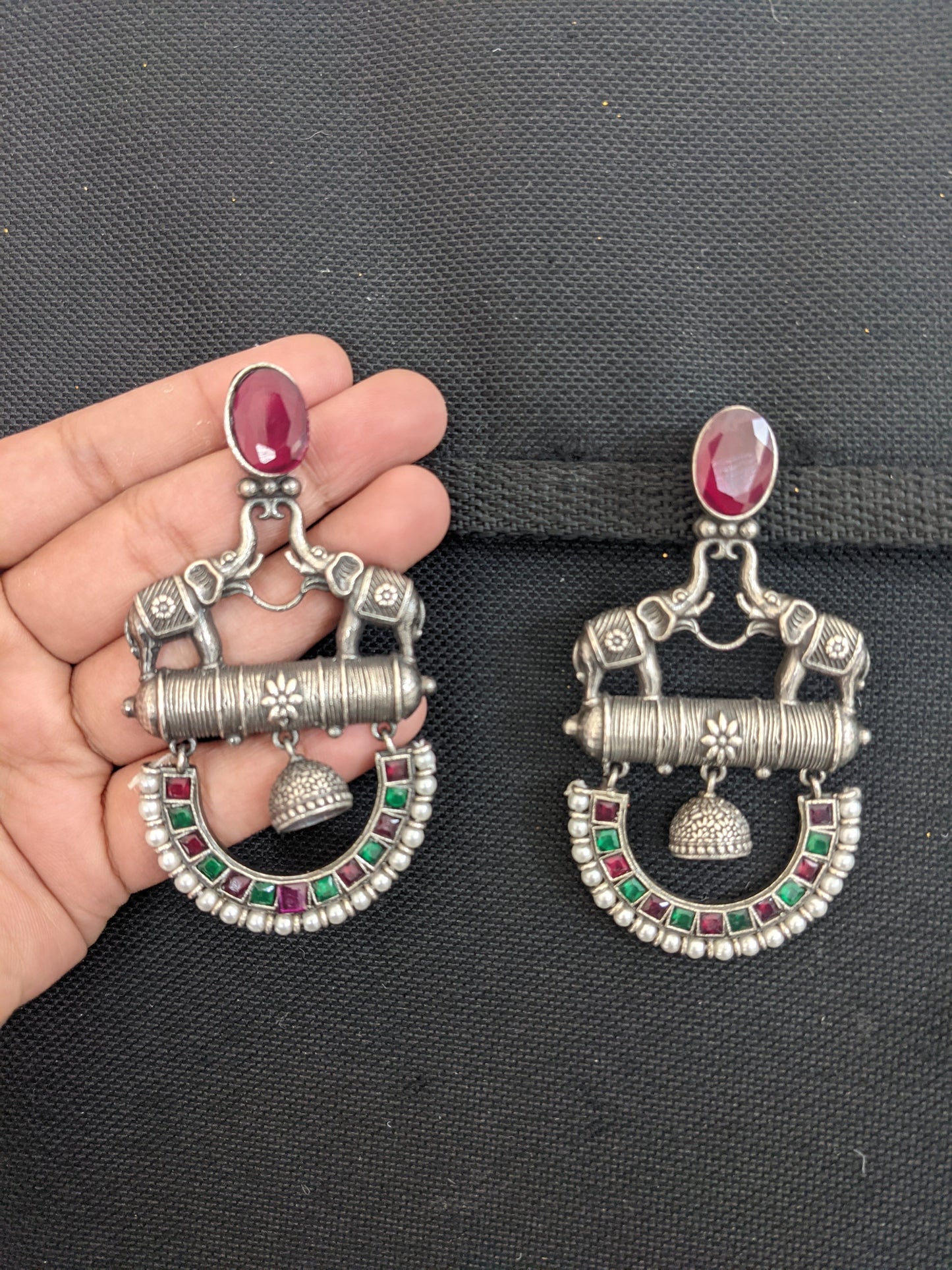 Silver look alike oxidized dual elephant trendy earrings