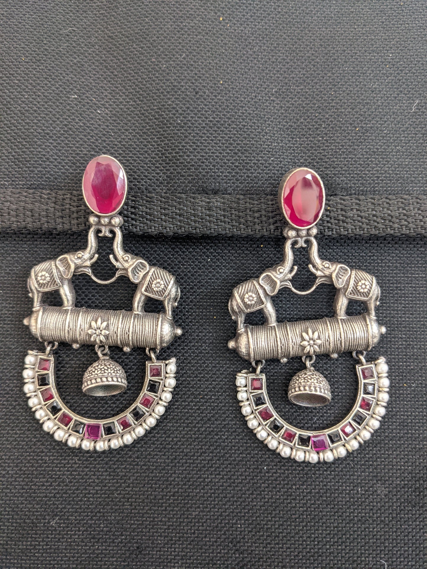 Silver look alike oxidized dual elephant trendy earrings