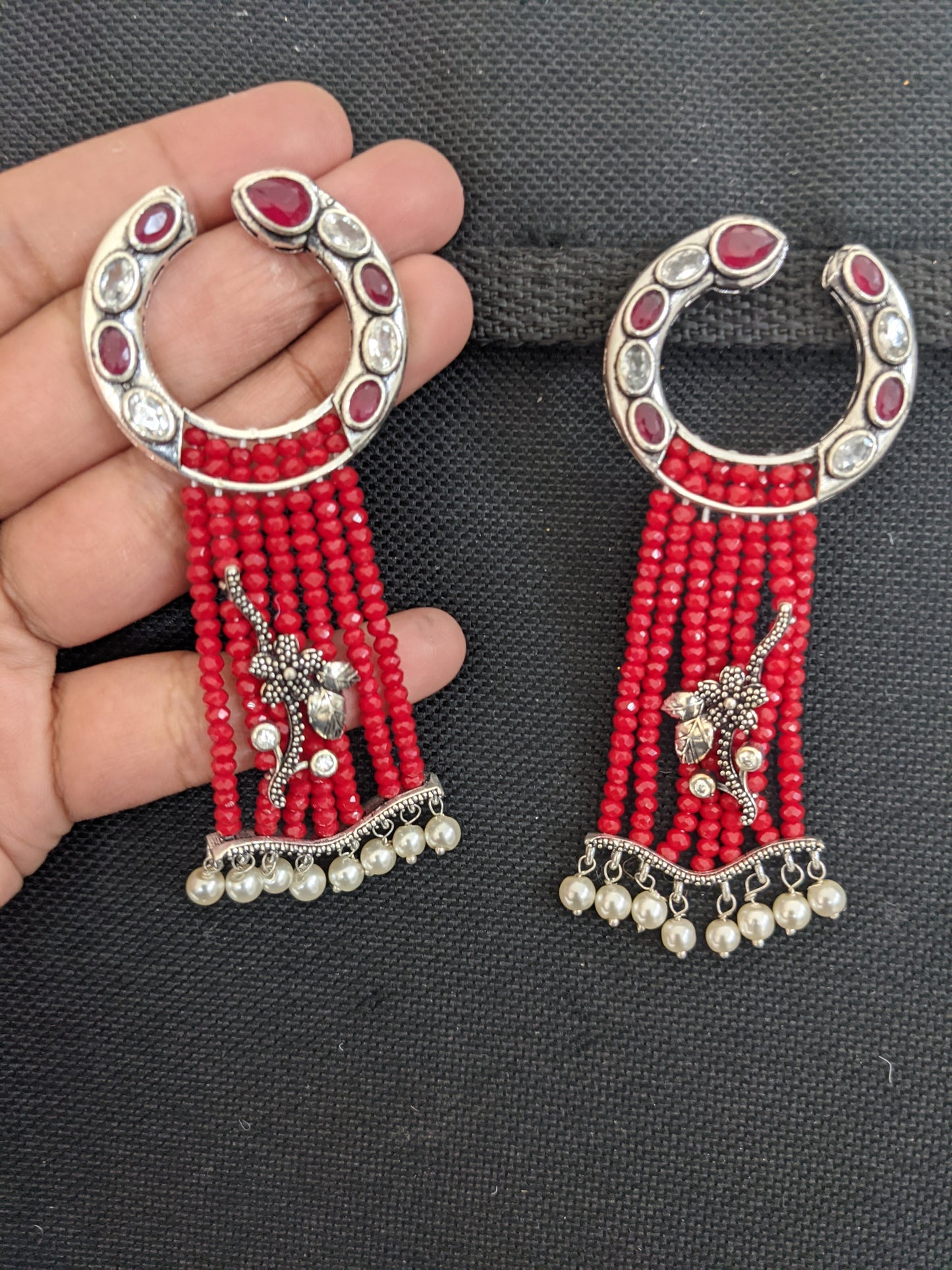 Stylish crystal bead silver oxidized tassel earrings