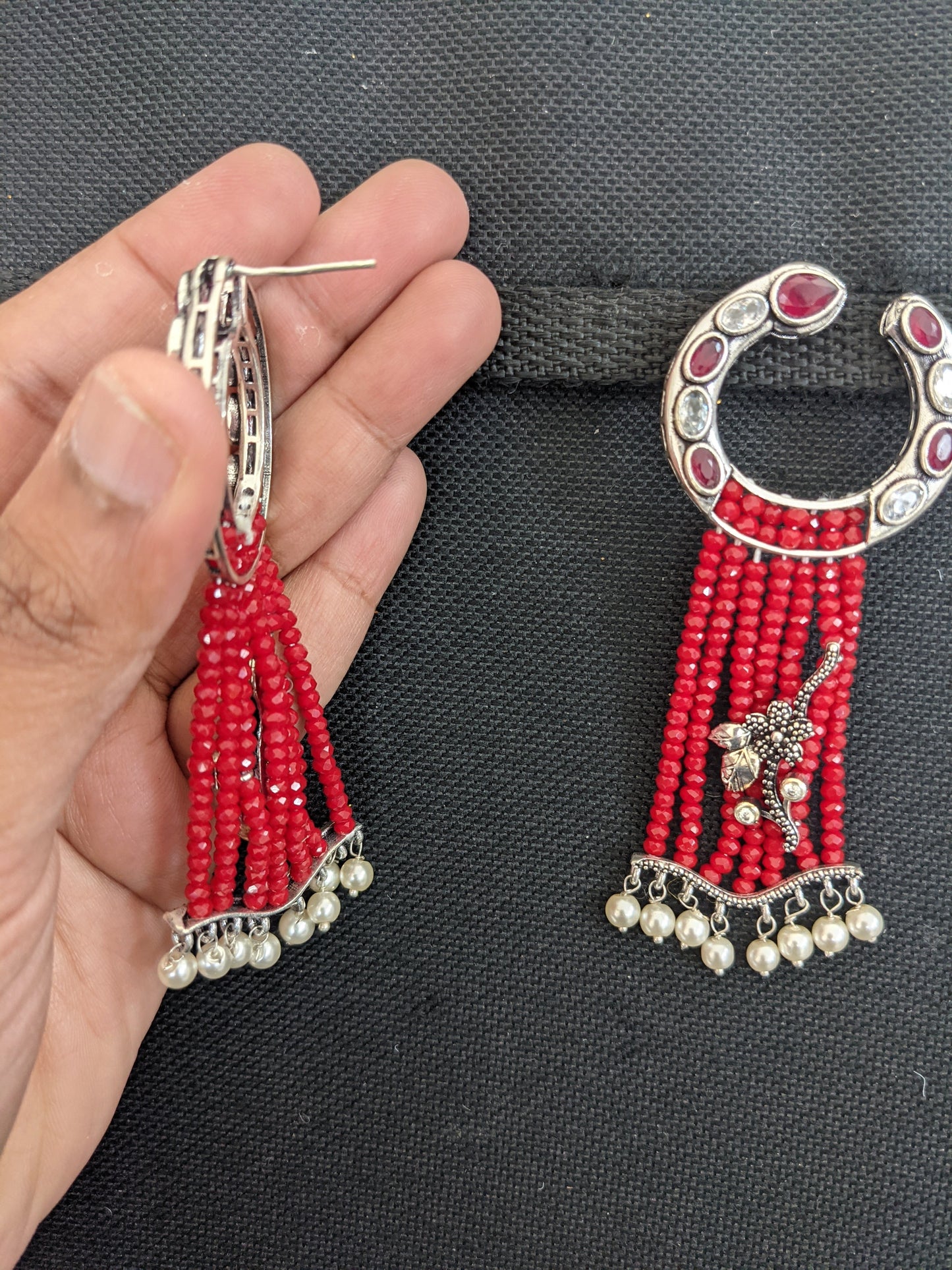 Stylish crystal bead silver oxidized tassel earrings