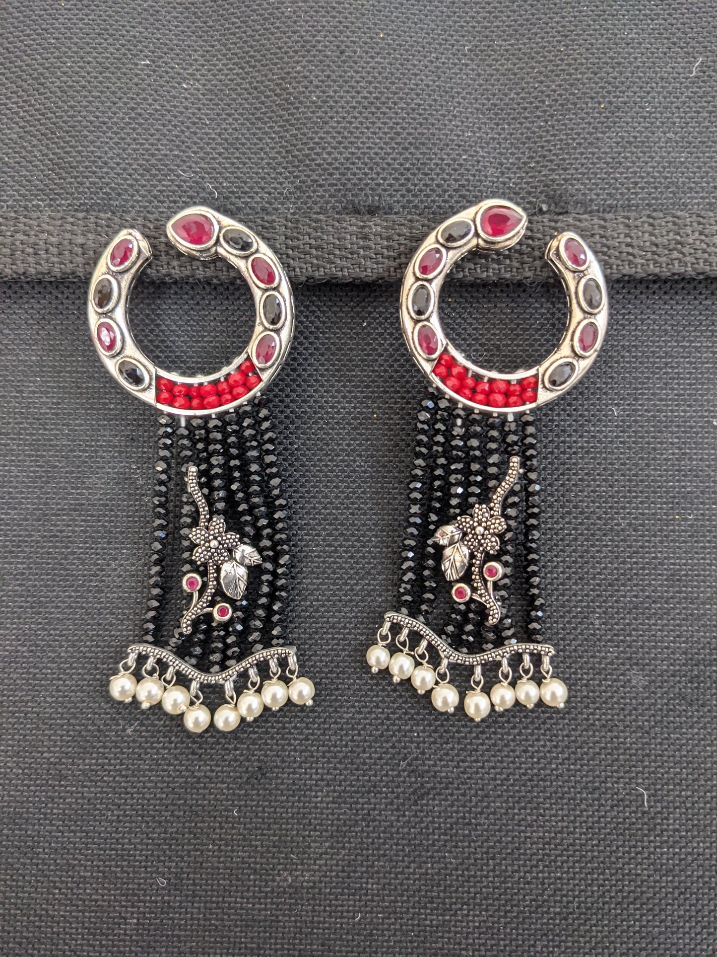 Stylish crystal bead silver oxidized tassel earrings