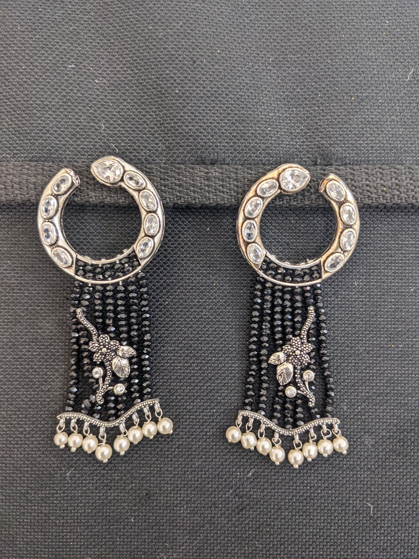 Stylish crystal bead silver oxidized tassel earrings
