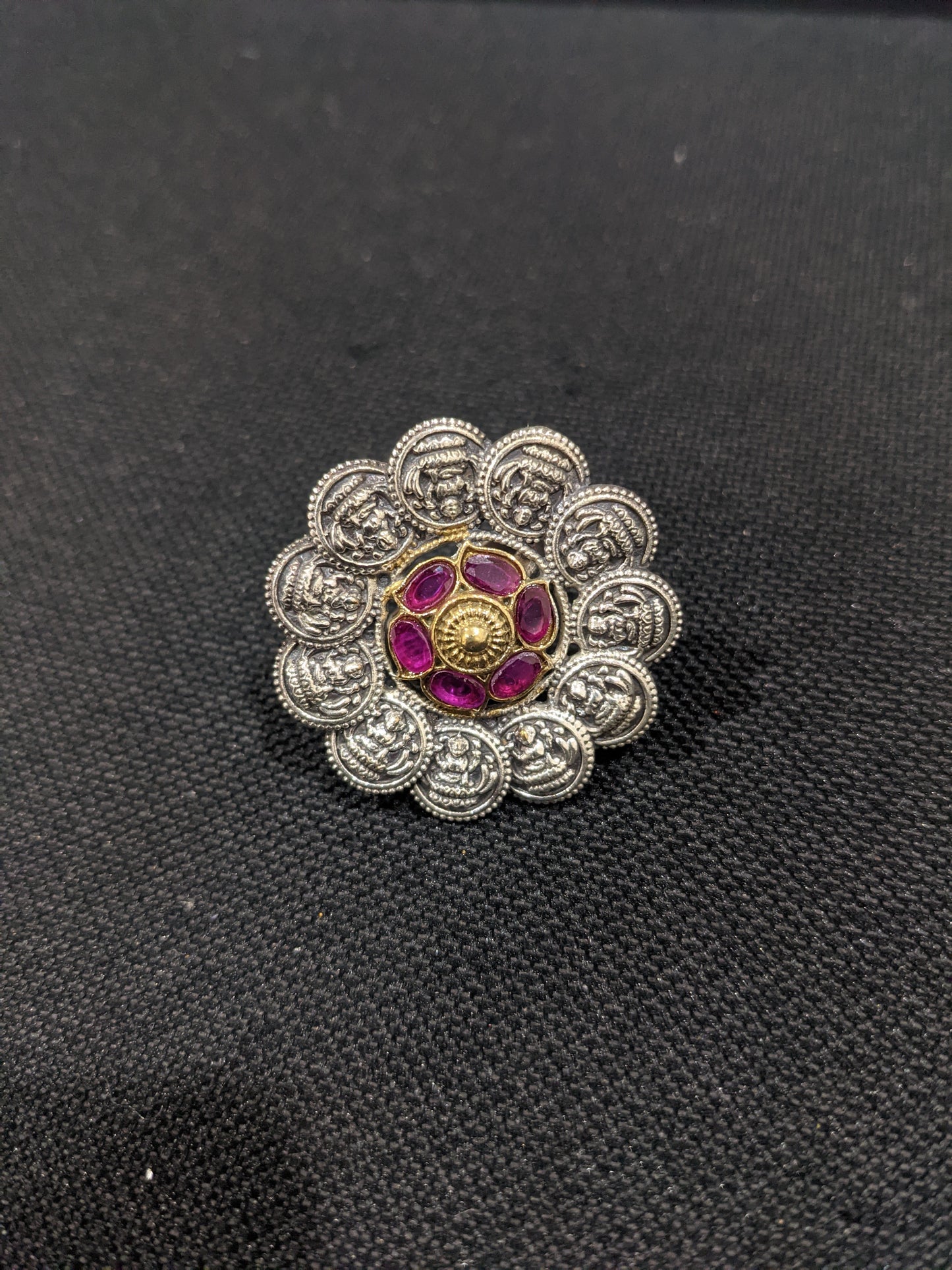 Dual tone German Silver Goddess Lakshmi Adjustable Finger rings - Simpliful