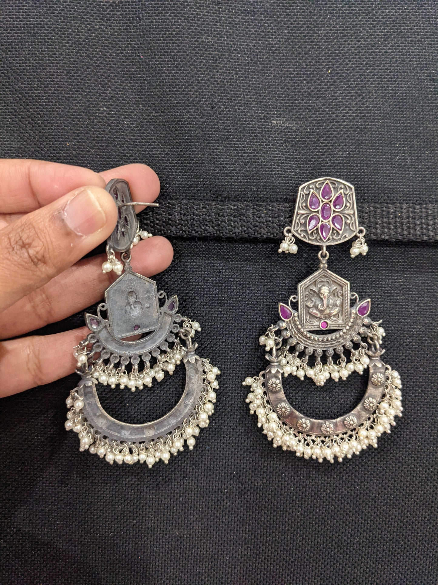 German silver Ganesh ji Chandbali Pearl cluster CZ earrings - Simpliful