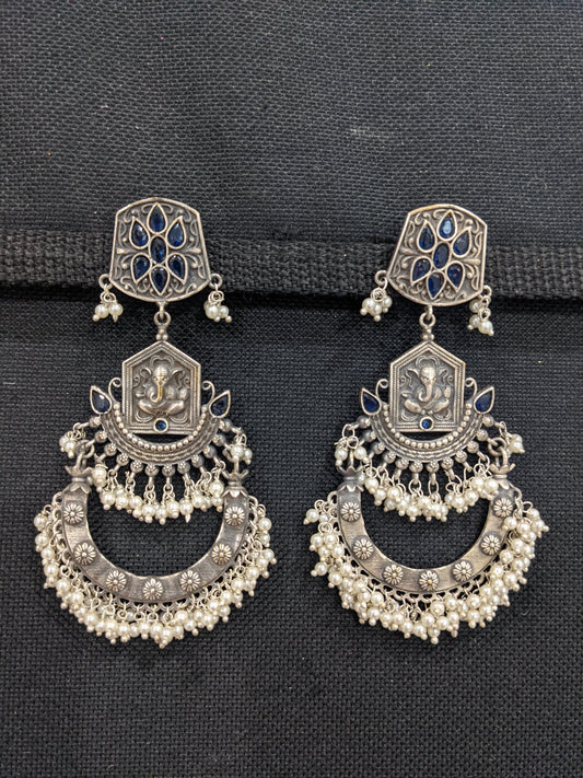 German silver Ganesh ji Chandbali Pearl cluster CZ earrings - Simpliful
