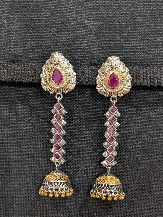 Dual tone CZ stone Long dangle jhumka earrings