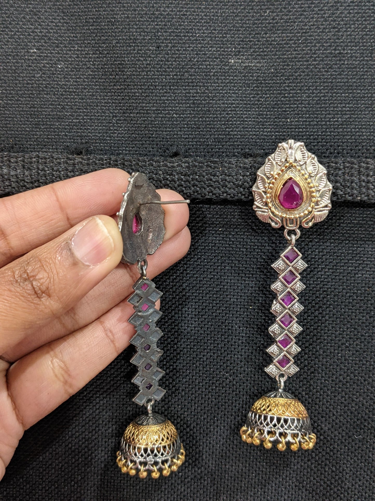 Dual tone CZ stone Long dangle jhumka earrings