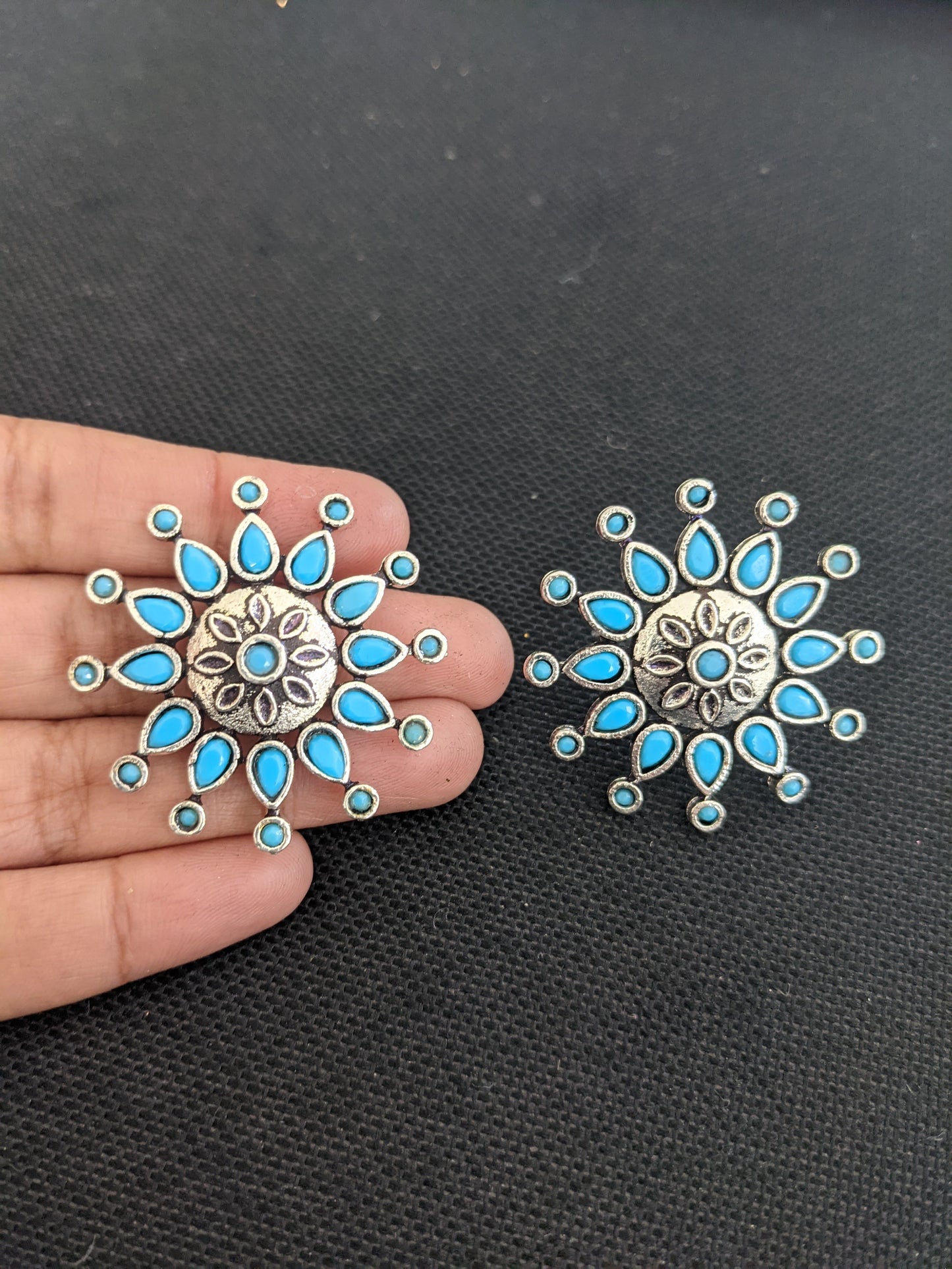 SALE - Oxidized Silver Polki / CZ stone Stud Earrings