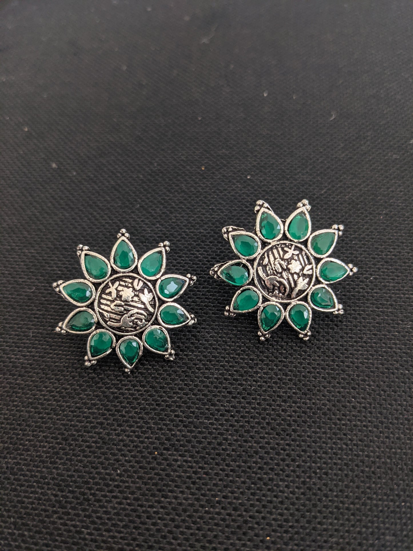 SALE - Oxidized Silver Polki / CZ stone Stud Earrings