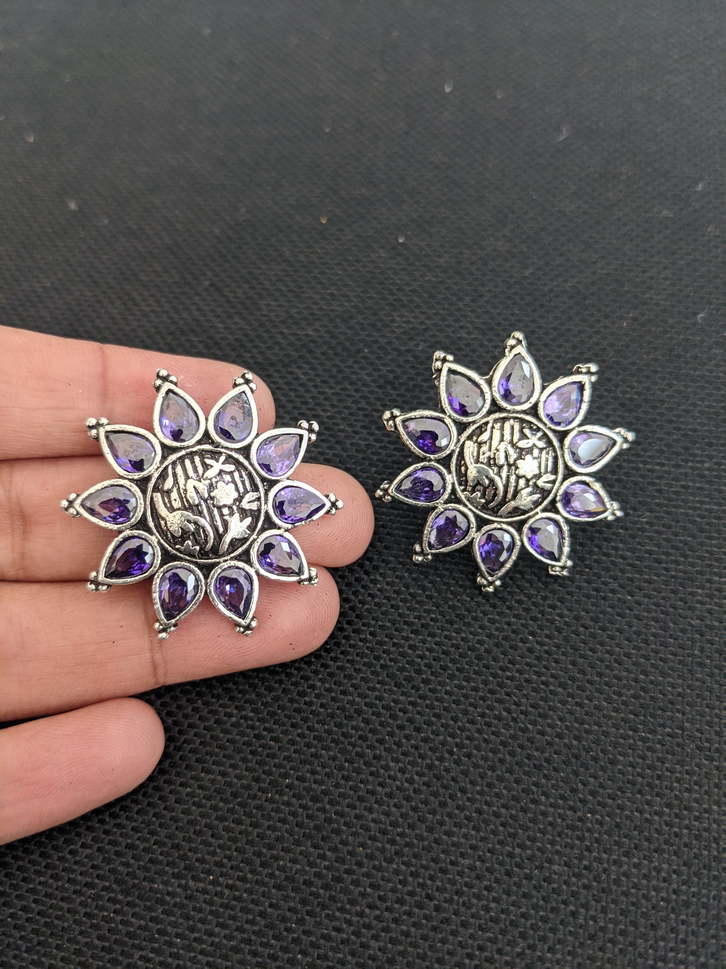 SALE - Oxidized Silver Polki / CZ stone Stud Earrings