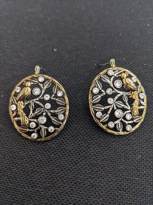 Dual tone Peacock in tree design large stud earring - Simpliful