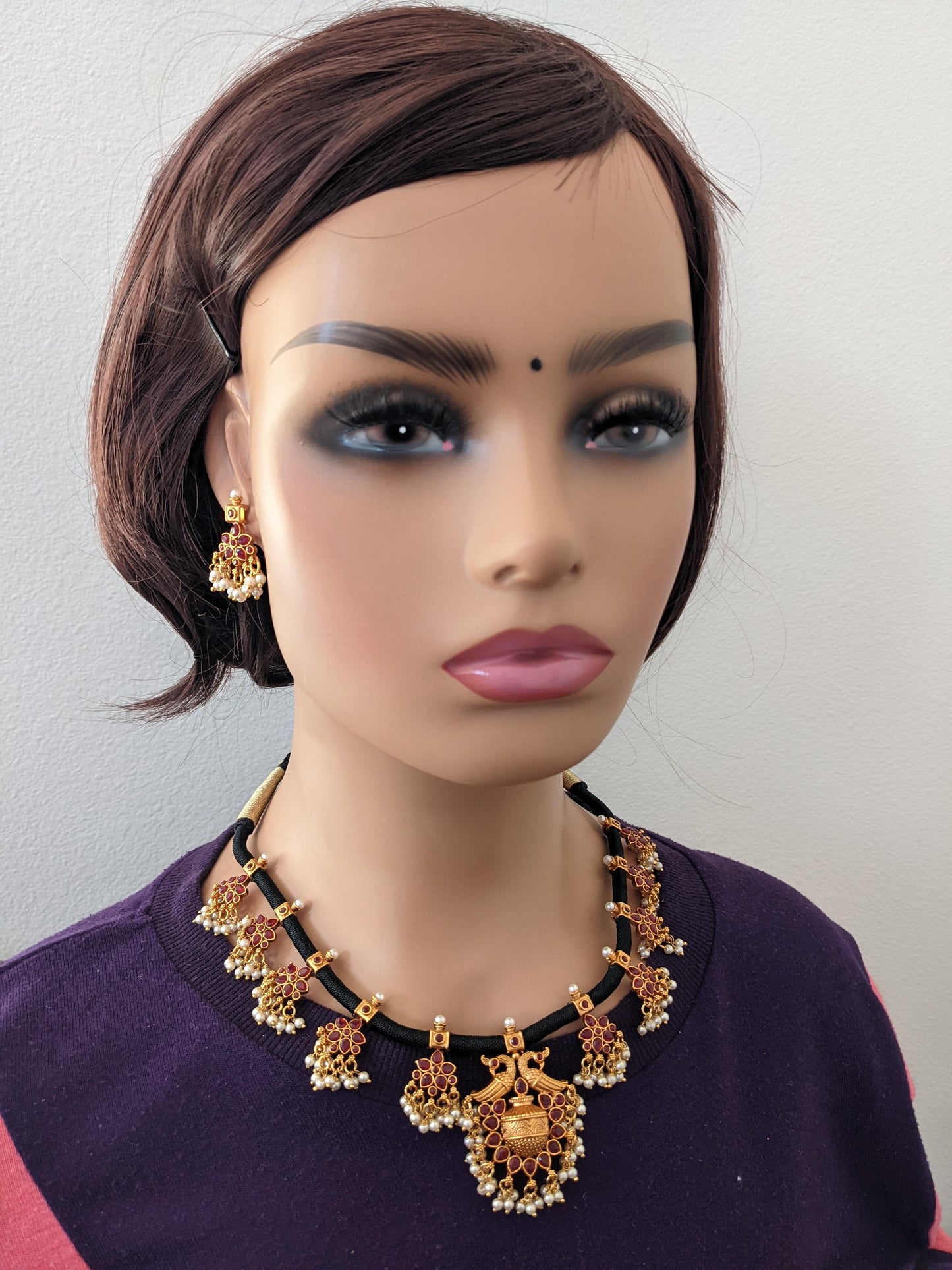 Black dori Peacock Choker Necklace and Earrings set - Design 1