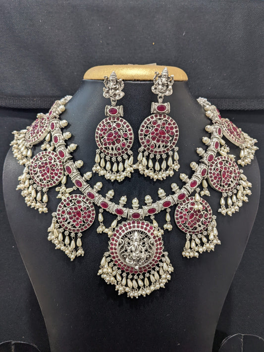 Silver plated Guttapusalu Ganesh ji Choker set