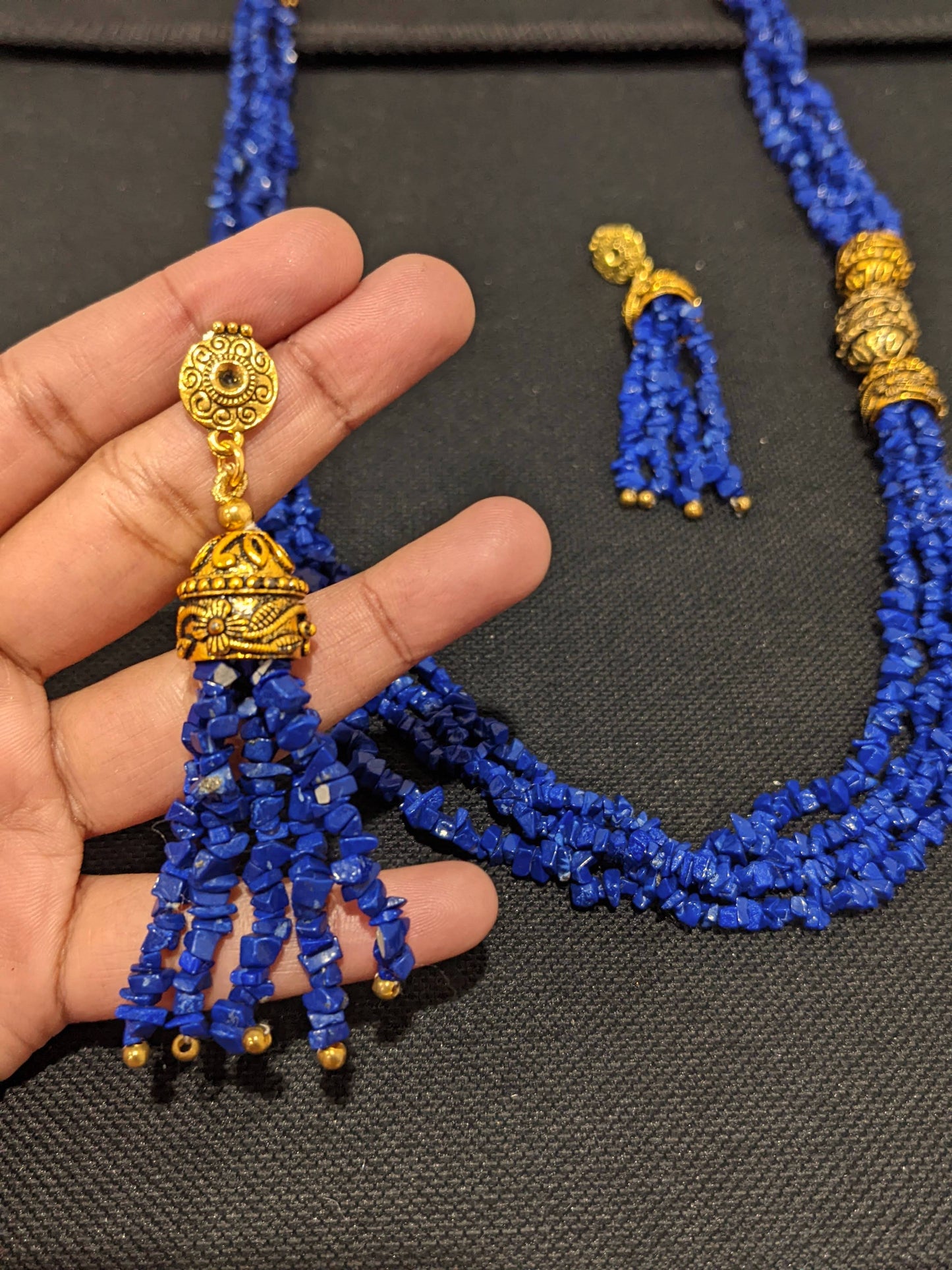 Dark Blue Natural stone Long chain necklace and earrings set