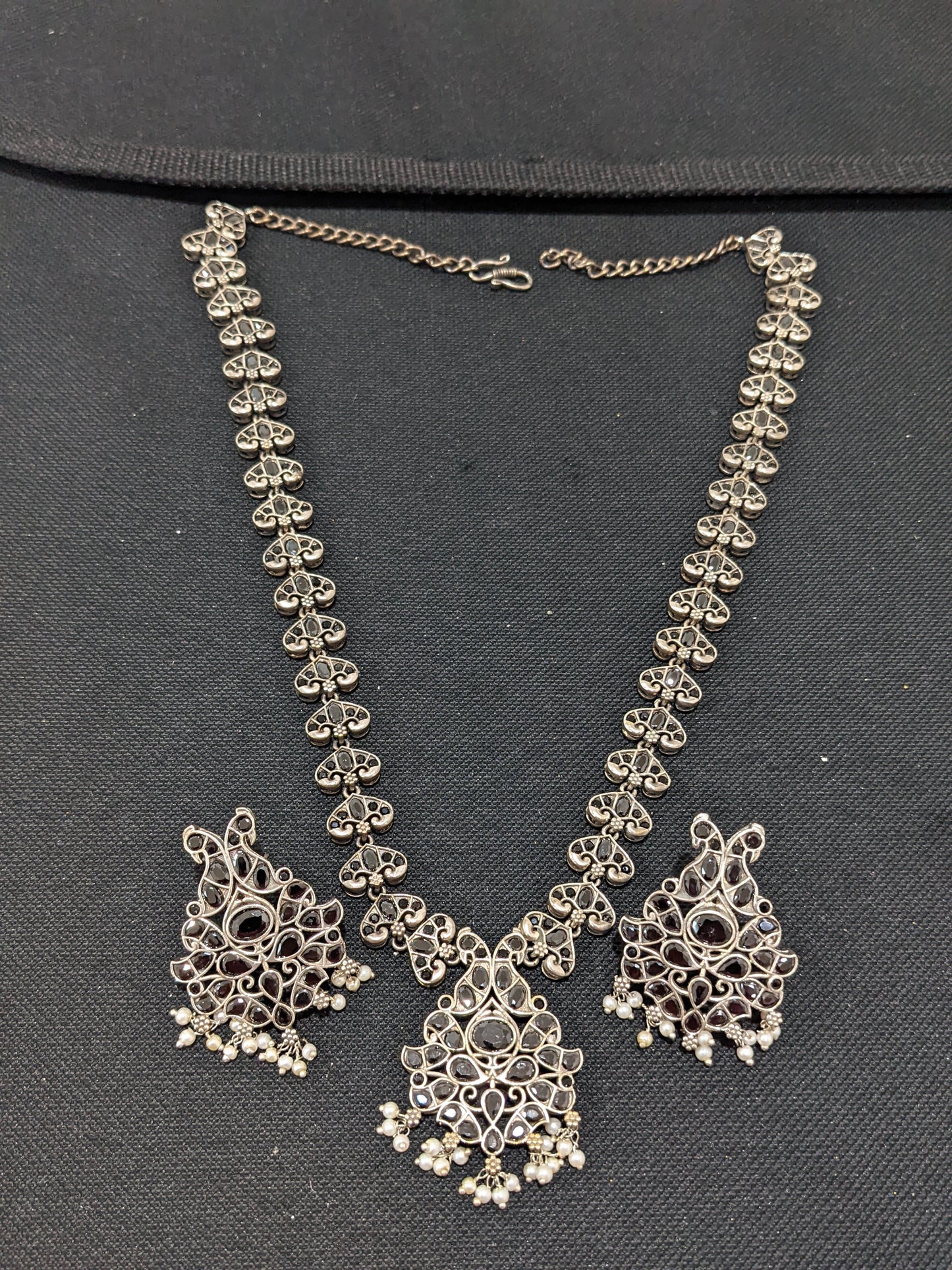 Peacock design CZ stone German Silver Long haram and earrings set
