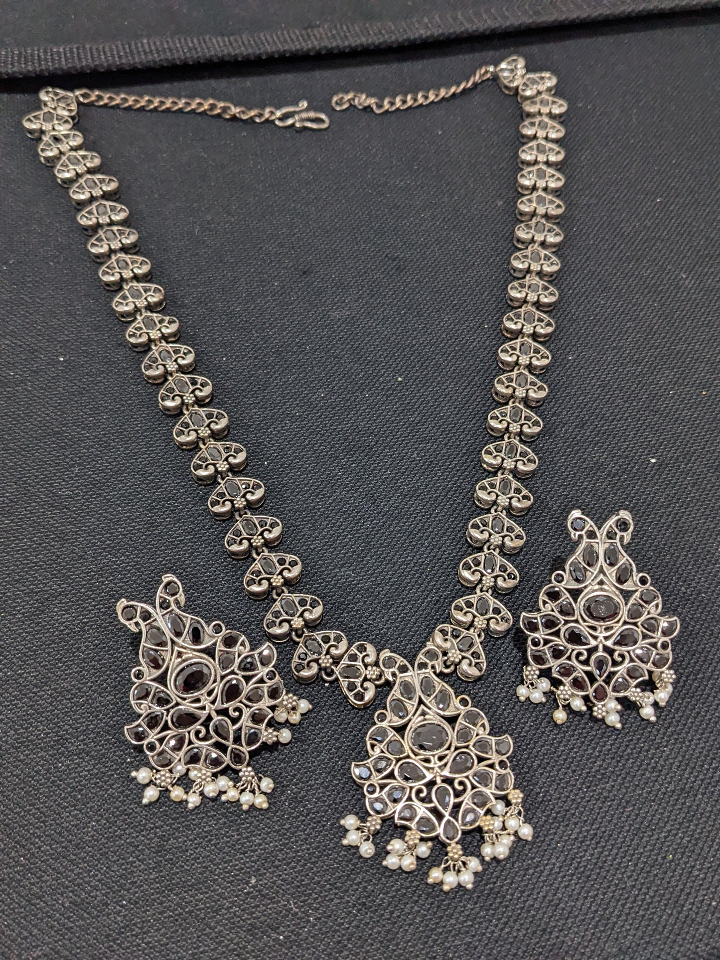 Peacock design CZ stone German Silver Long haram and earrings set