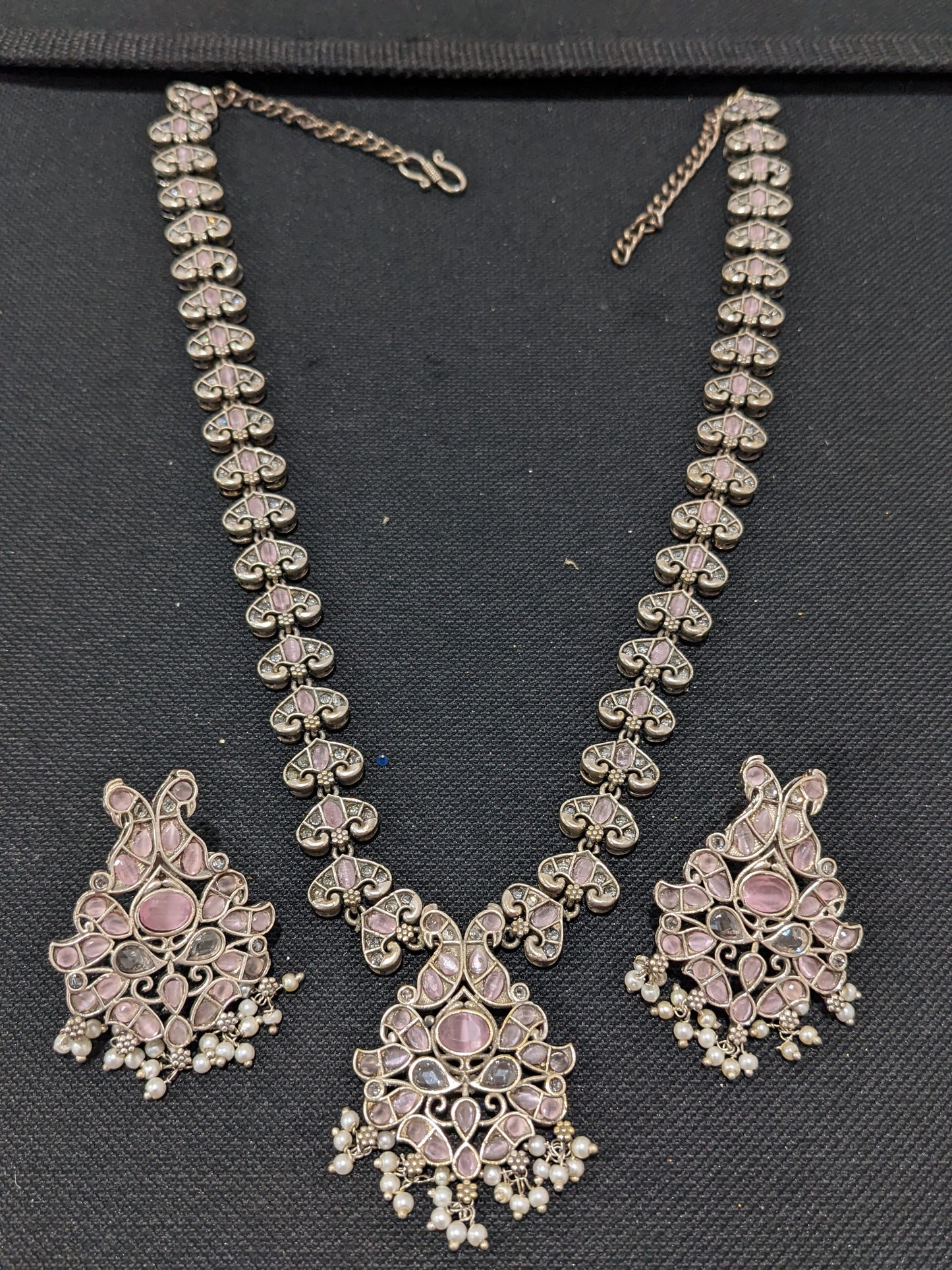 Peacock design CZ stone German Silver Long haram and earrings set