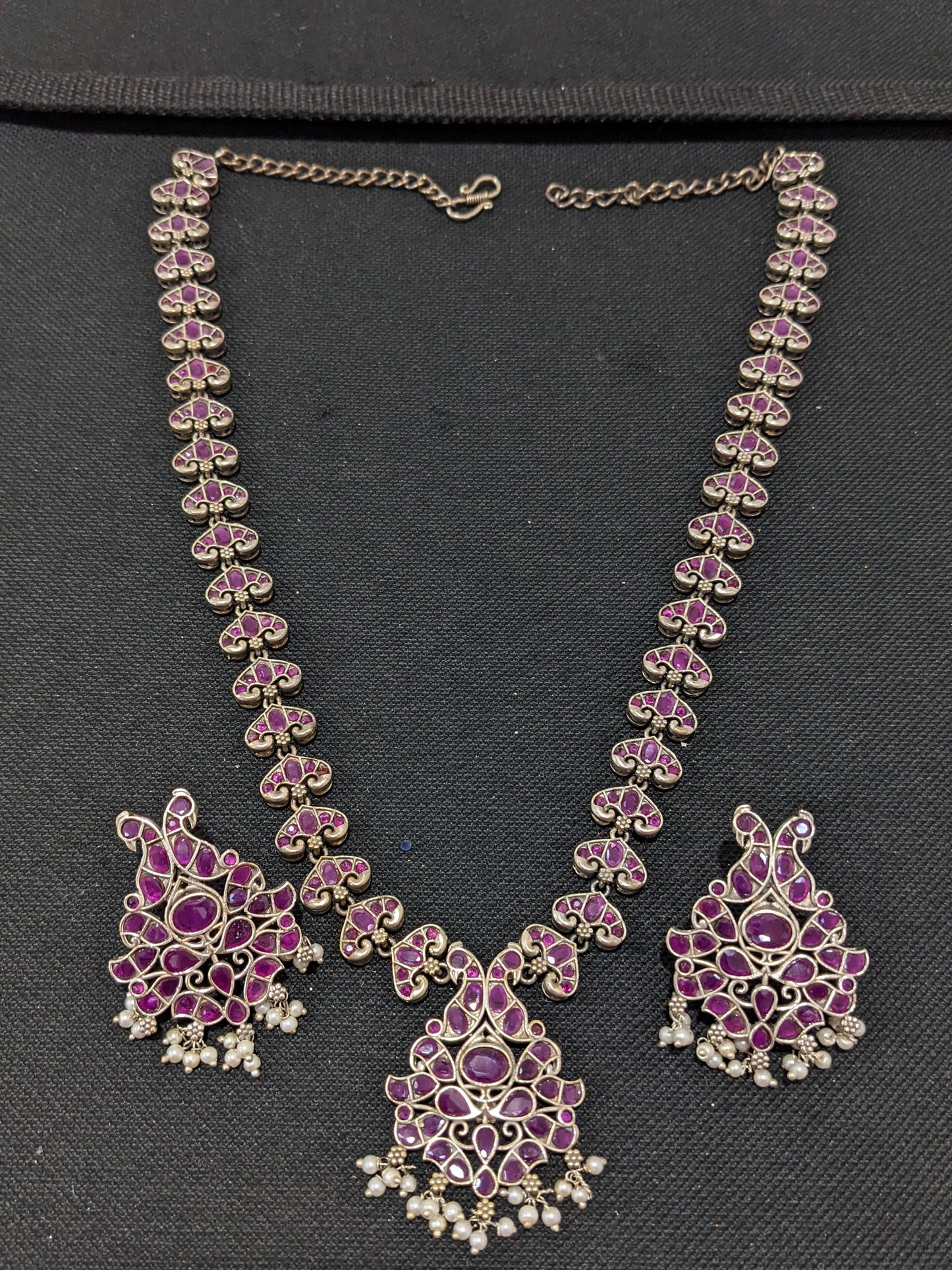 Peacock design CZ stone German Silver Long haram and earrings set
